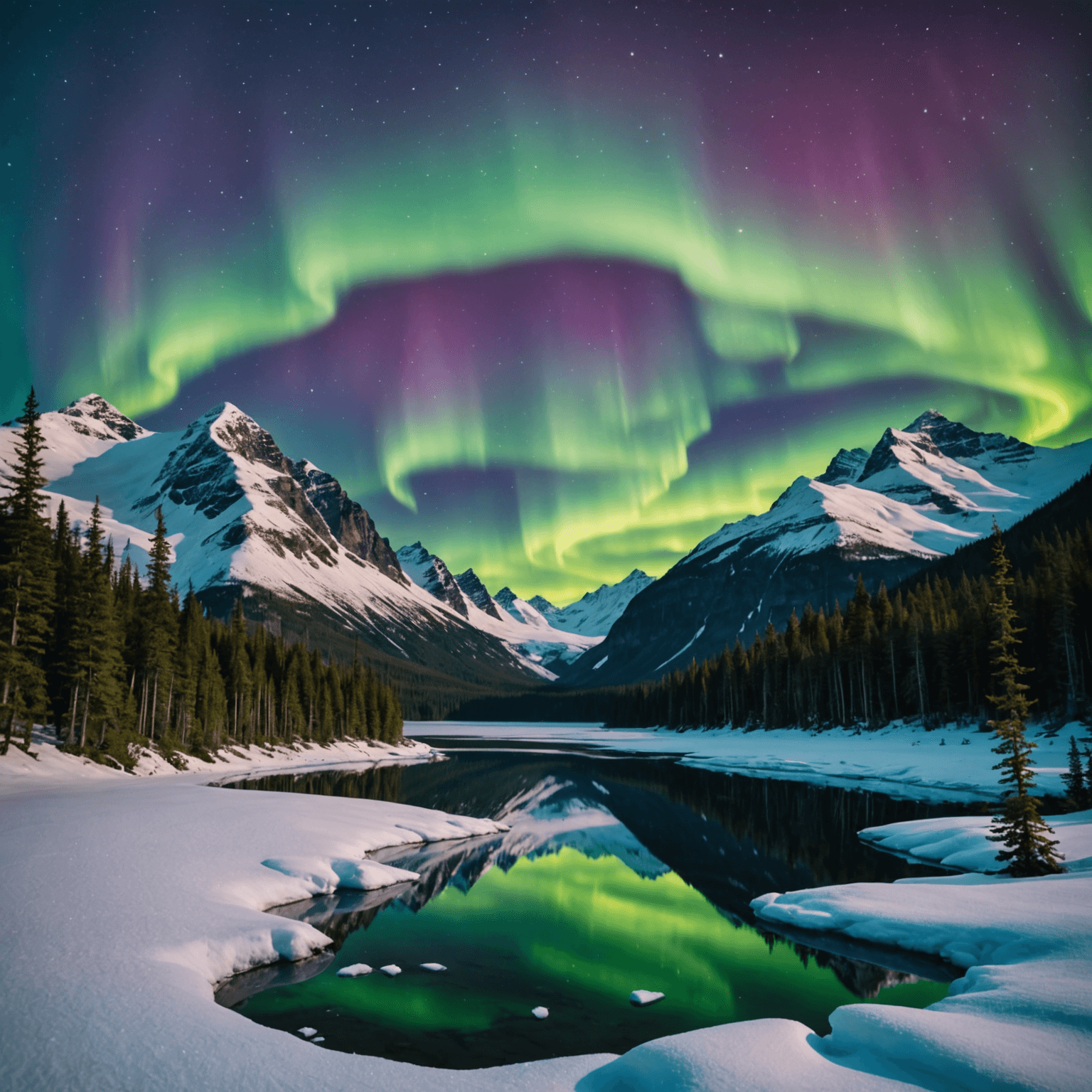 Snow-covered Alaskan landscape with aurora borealis overhead