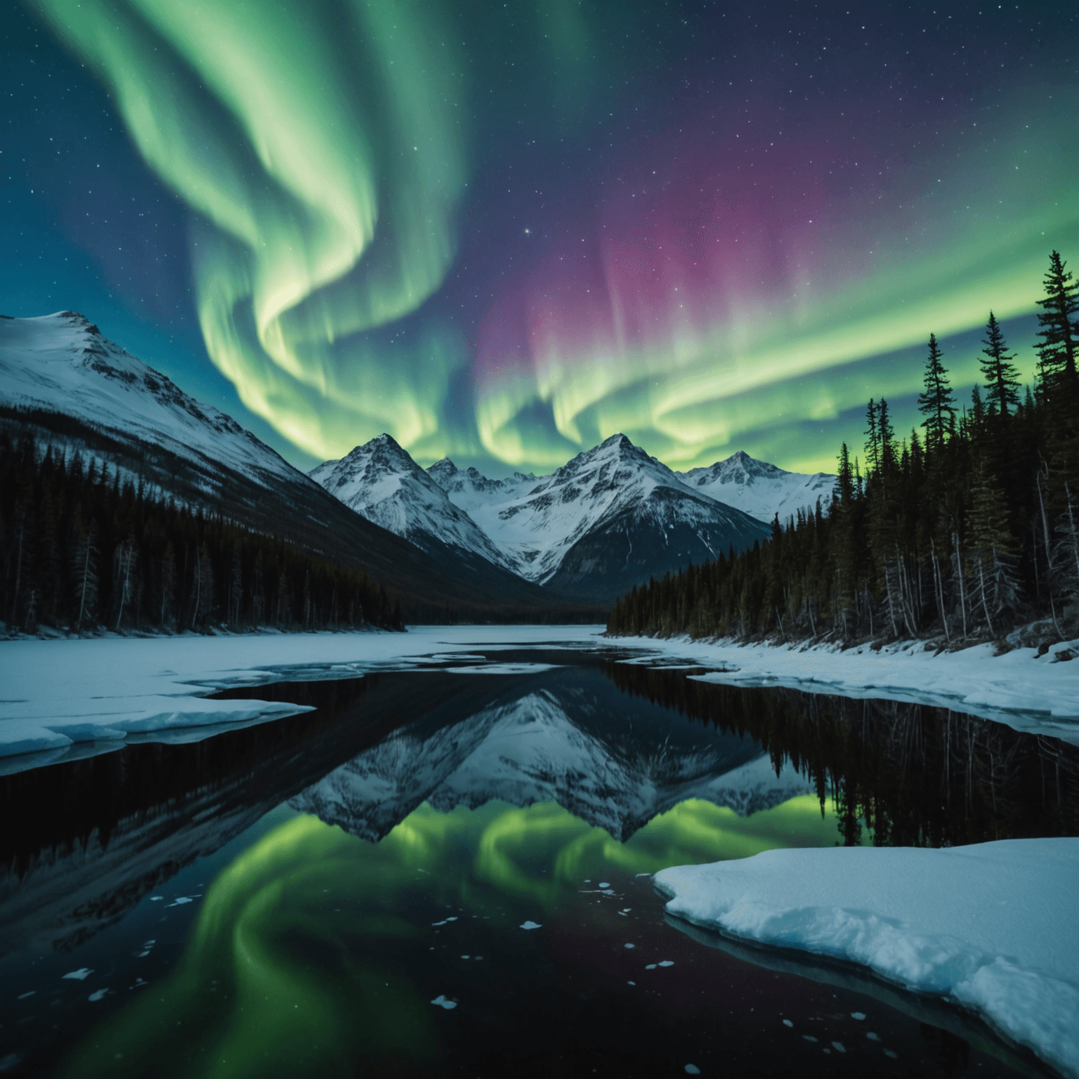 Visitors enjoying the northern lights under a snowy Alaskan sky