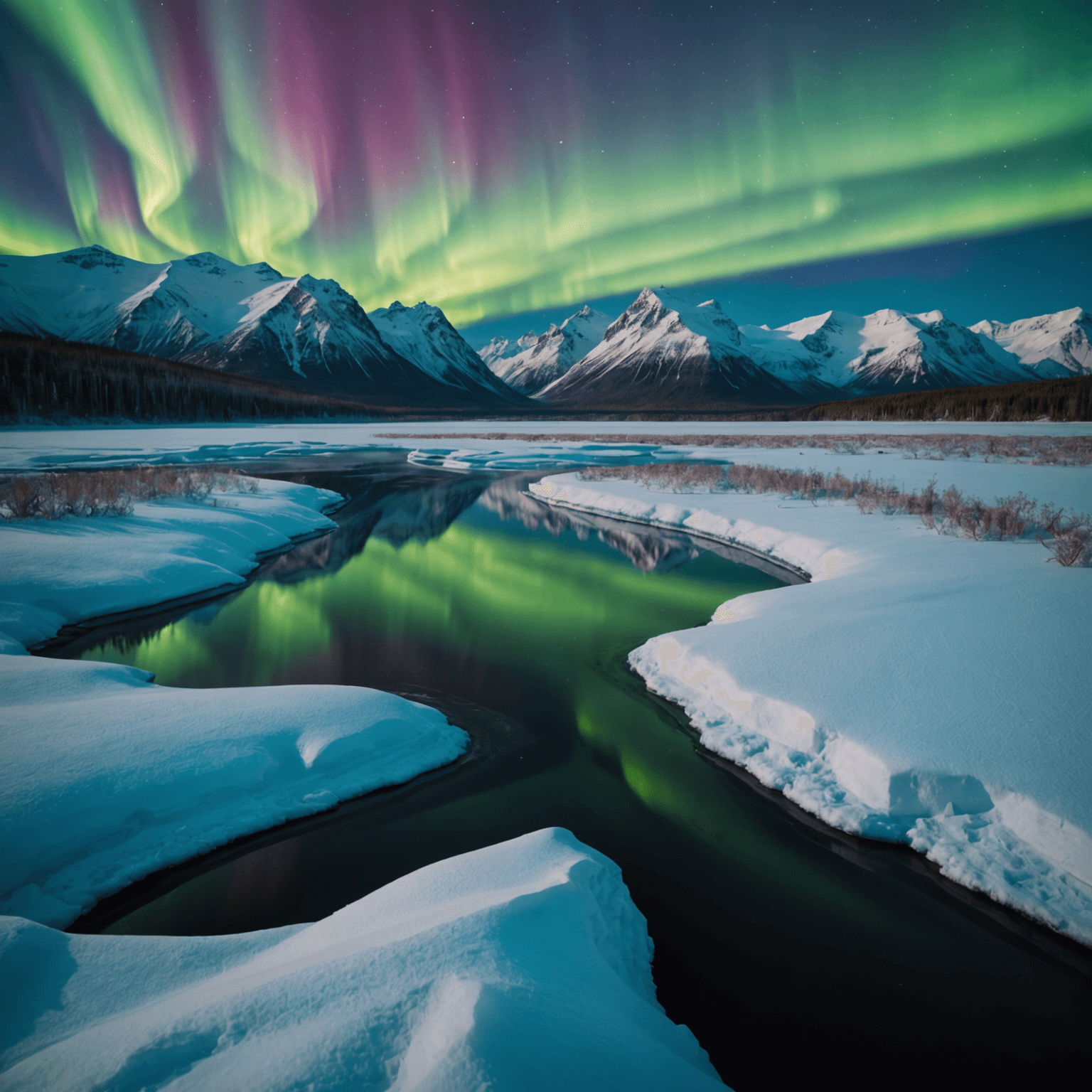 A breathtaking view of the Northern Lights over a snowy Alaskan landscape, with mountains in the background.