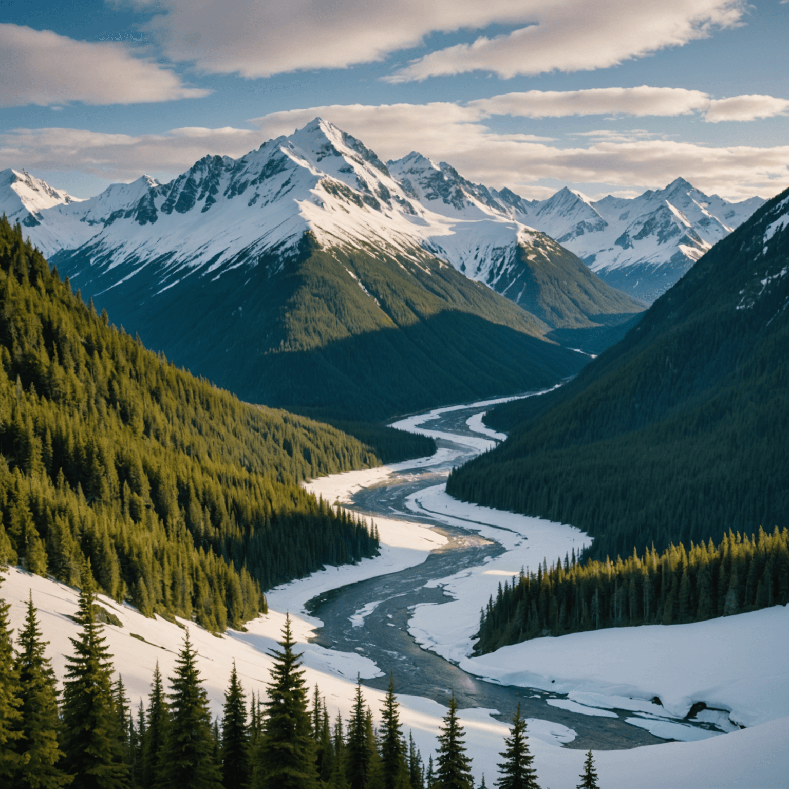 A scenic view of a dog sled team traversing the Alaskan wilderness.