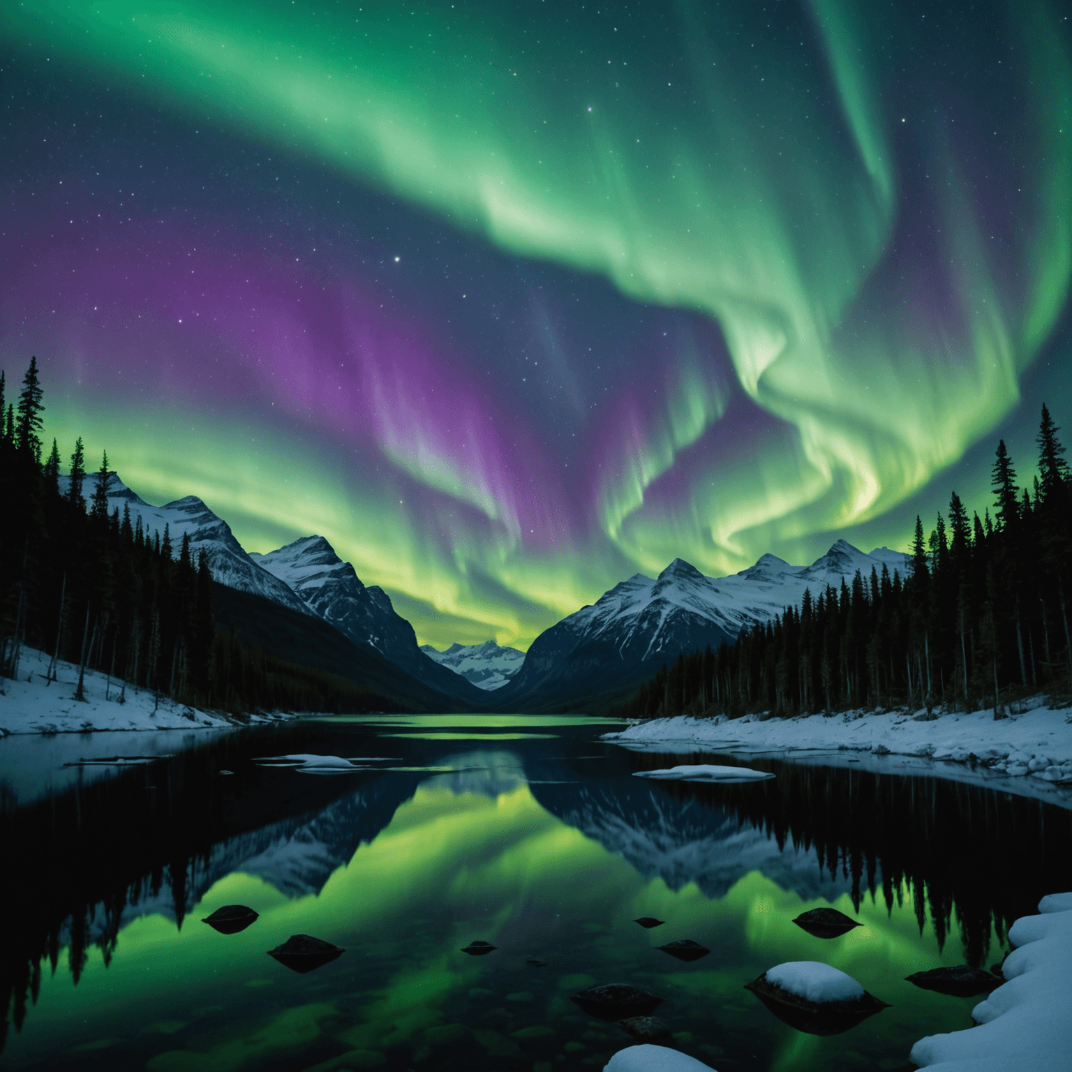 A breathtaking display of the Northern Lights over a snowy Alaskan landscape