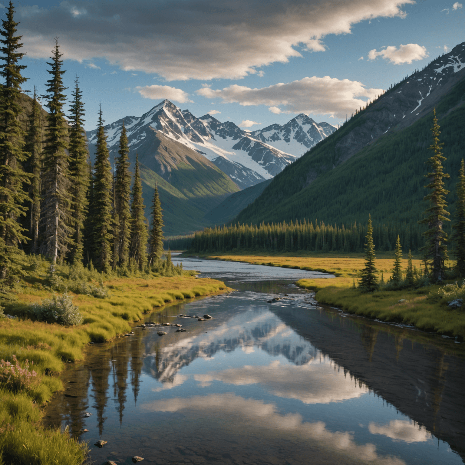 A scenic view of a dog sled team racing across an Alaskan wilderness.