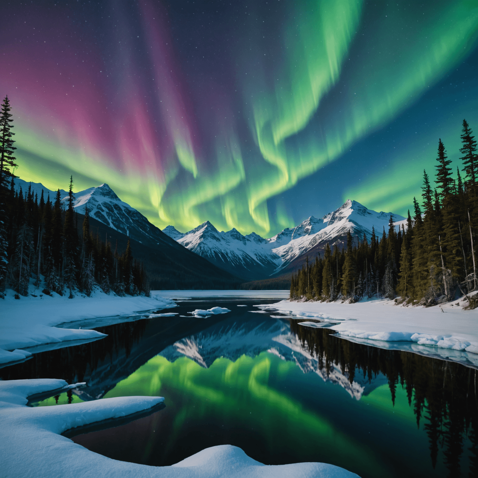 A vibrant display of the Northern Lights over a snowy Alaskan landscape.