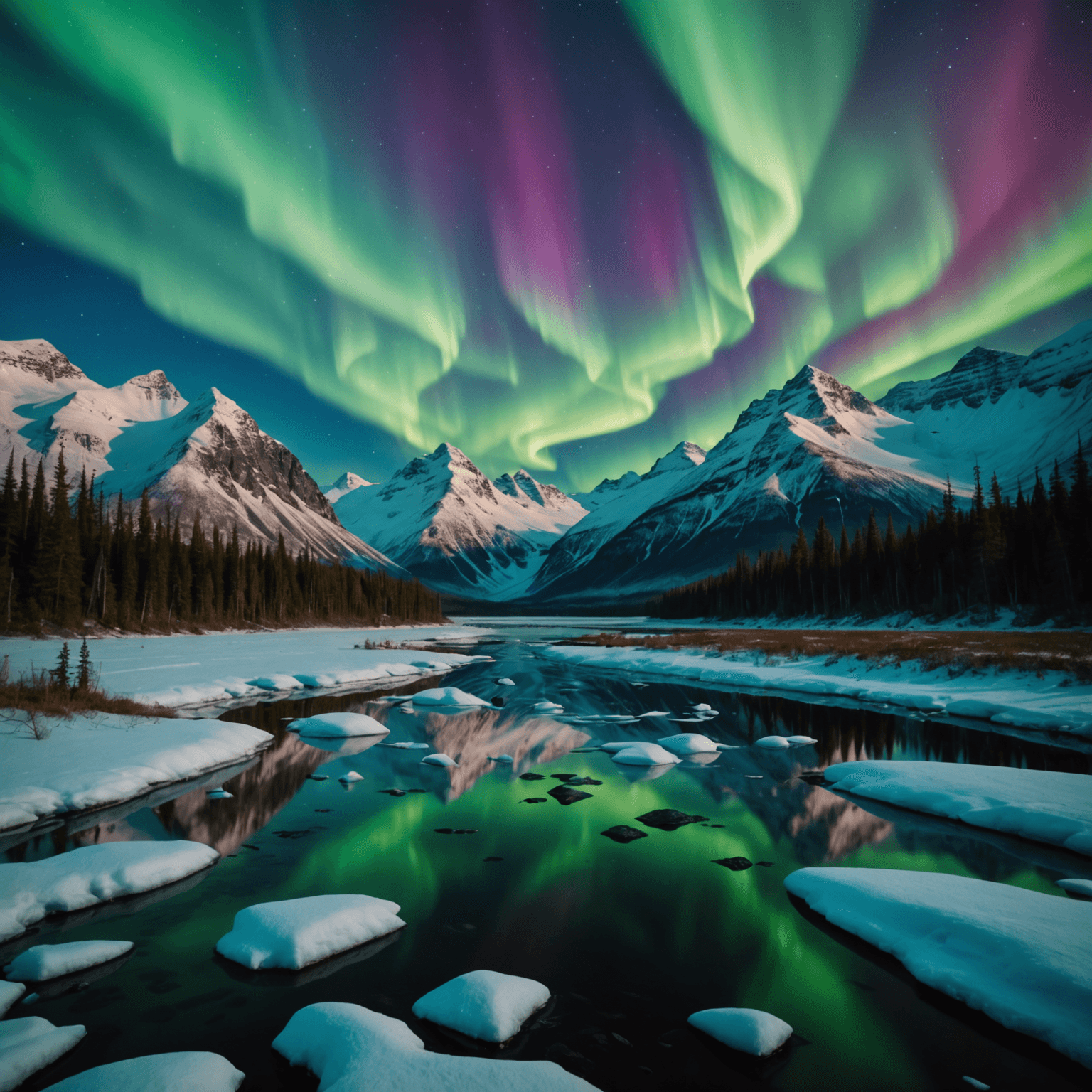 A scenic view of a dog sled team traversing a snowy landscape