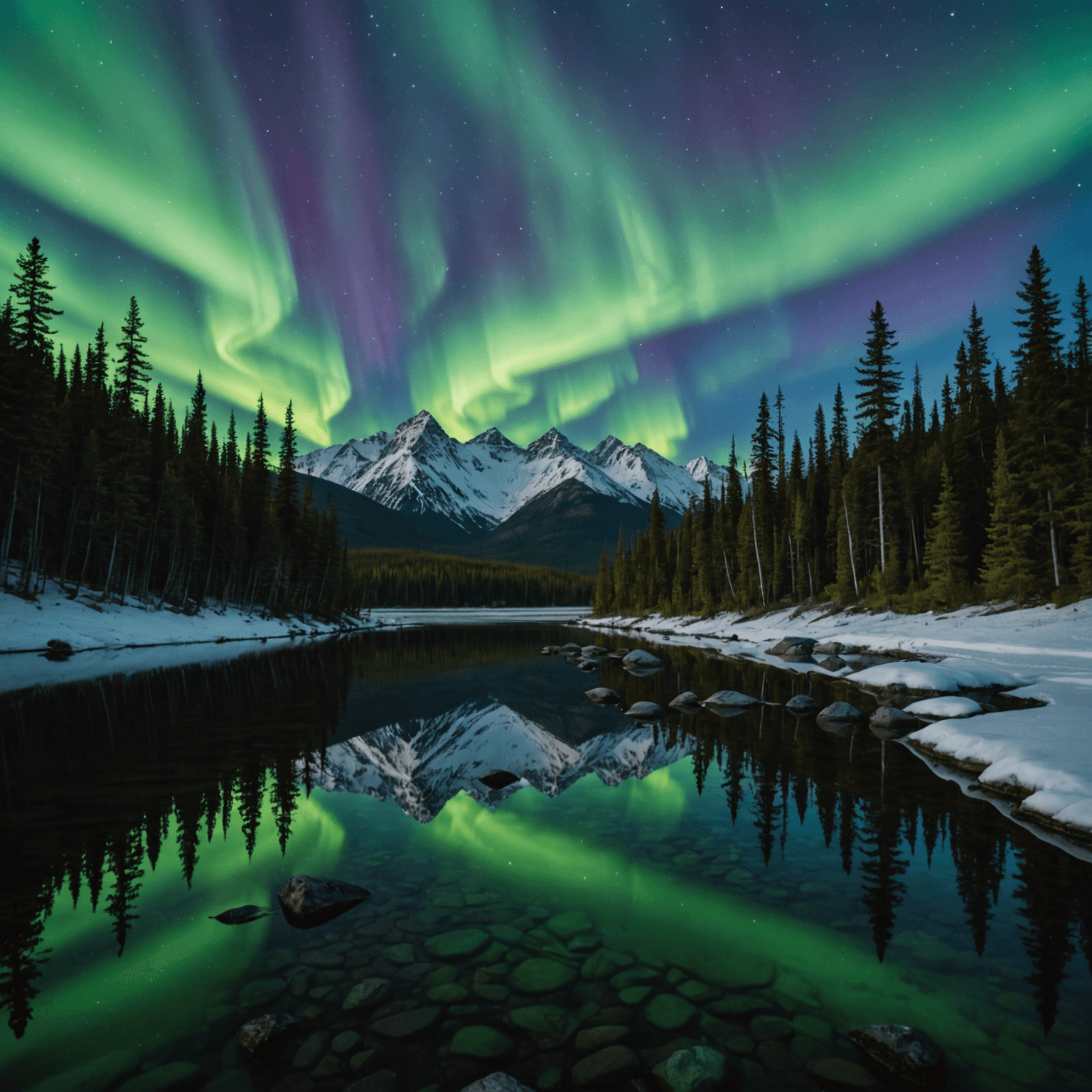 A vibrant aurora borealis above Chena Hot Springs Resort with snowy landscapes in the background.