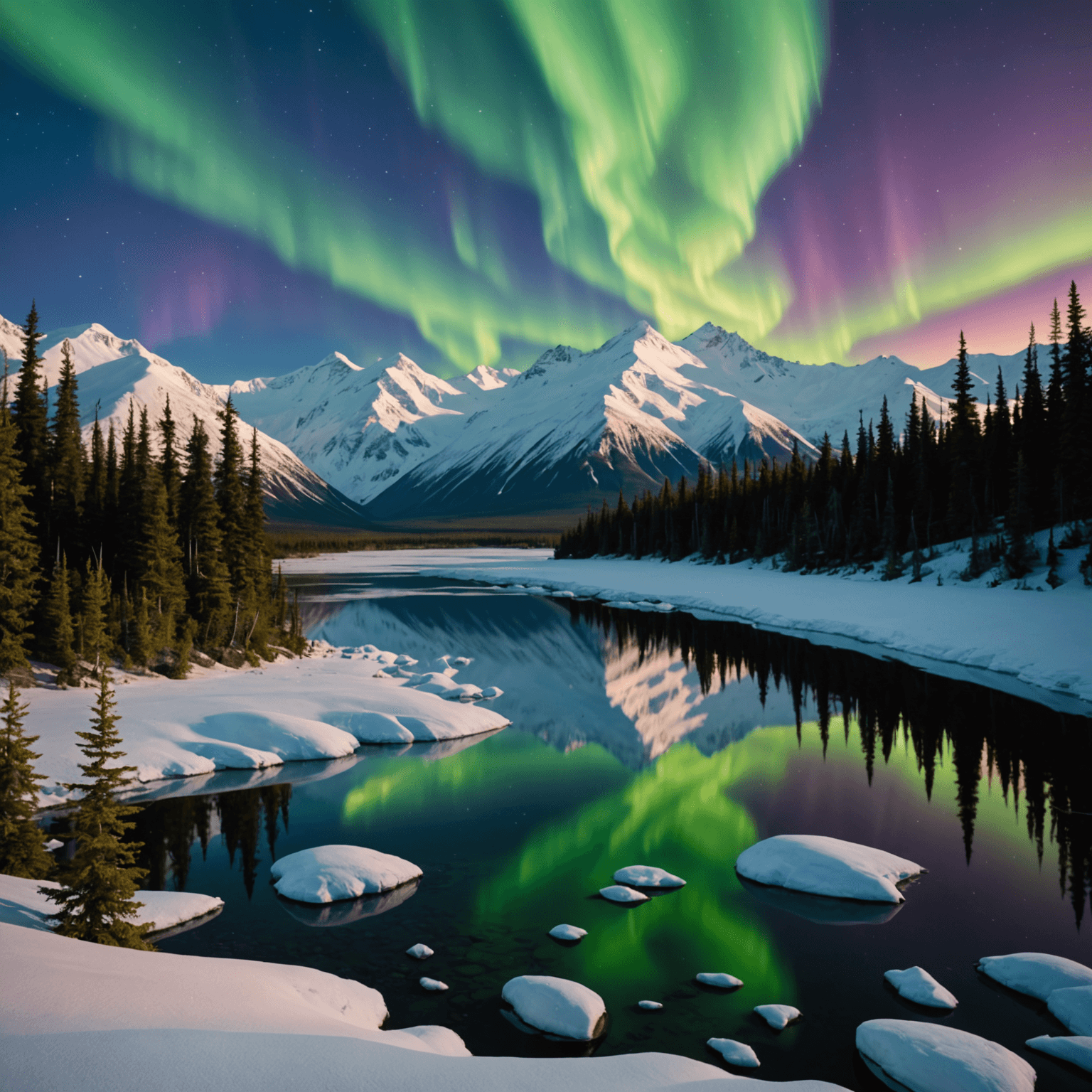An enchanting view of the northern lights illuminating Denali National Park