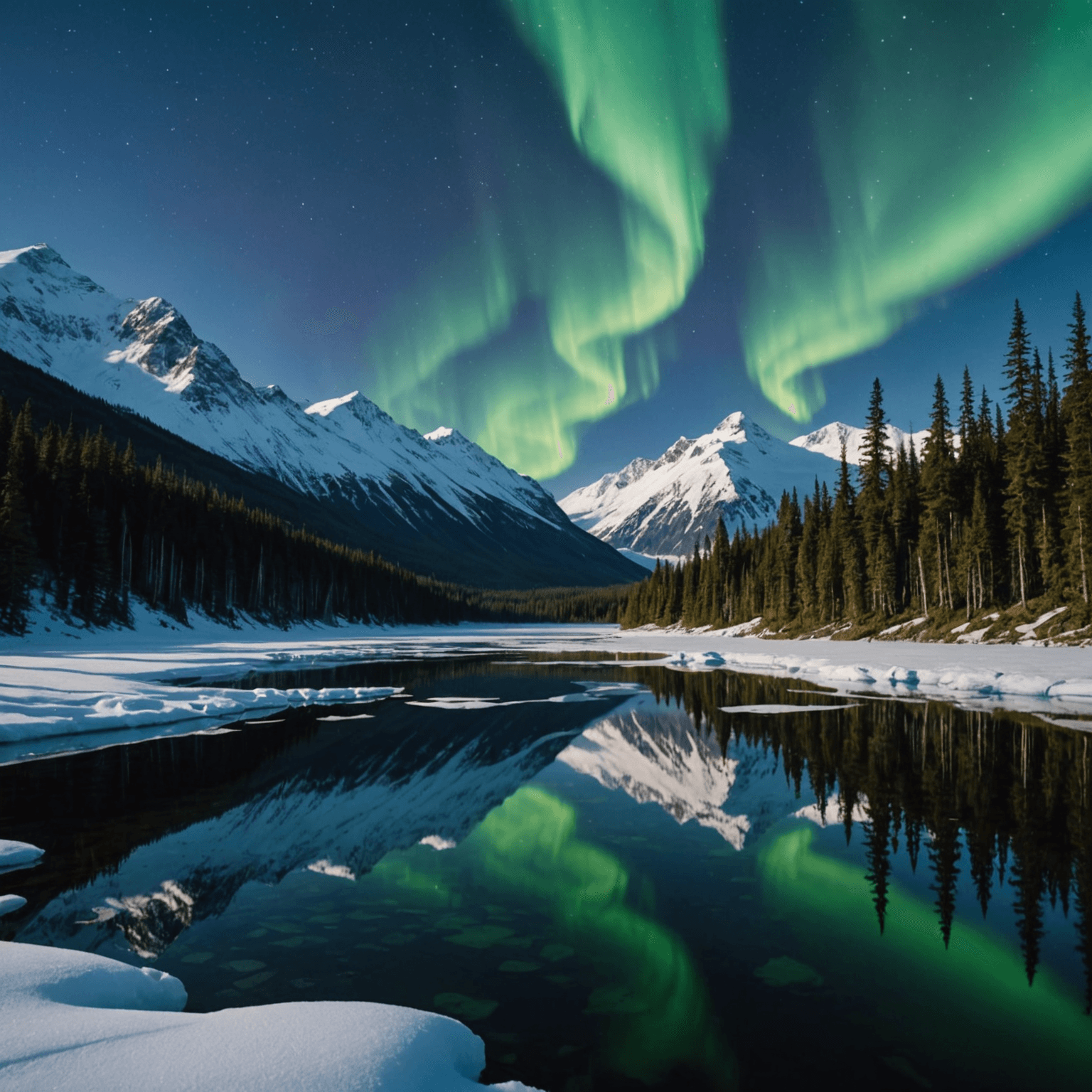 A stunning display of the aurora borealis over a snowy Alaskan landscape.