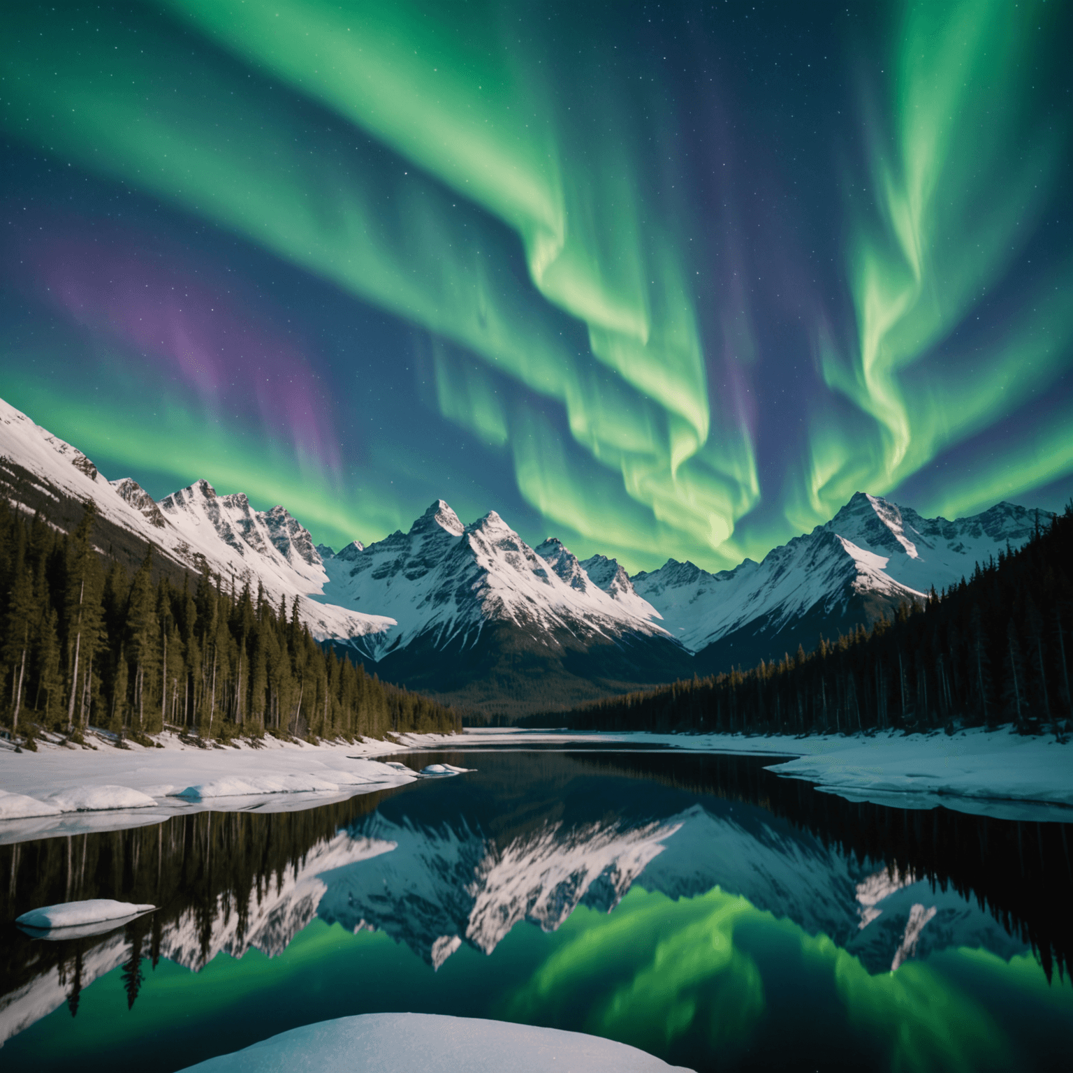 Adventurers enjoying a snowmobile tour under the Northern Lights.