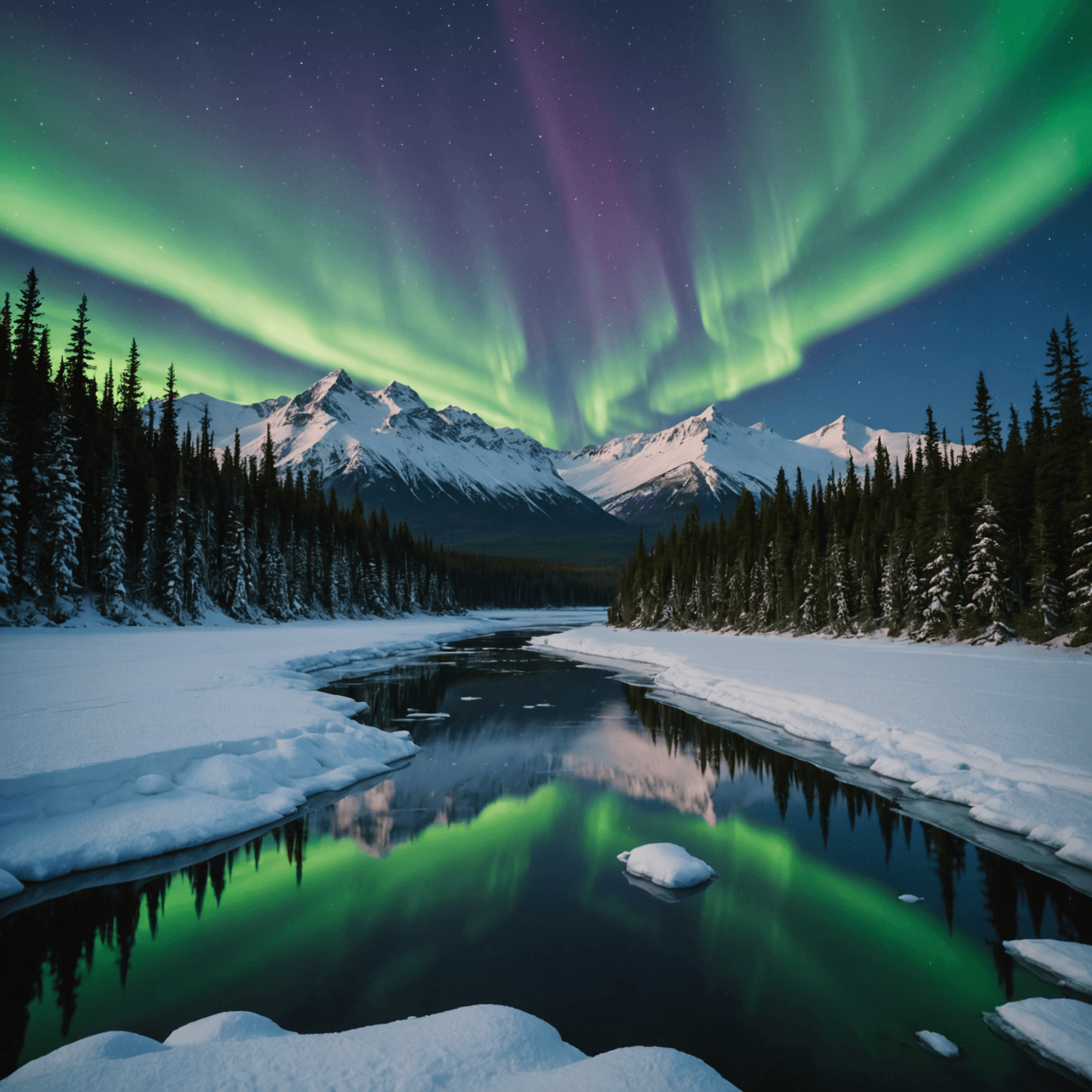 A team of huskies pulling a sled across a snow-laden Alaskan landscape