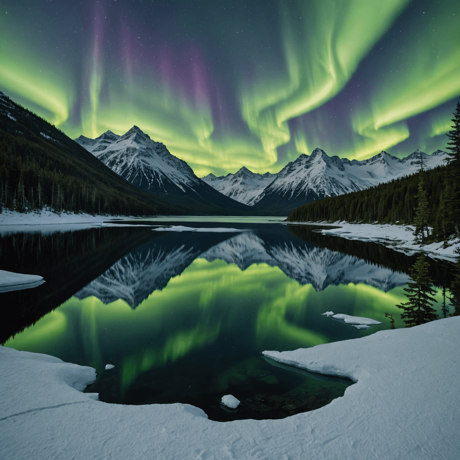 A group of people on snowmobiles under the Northern Lights.