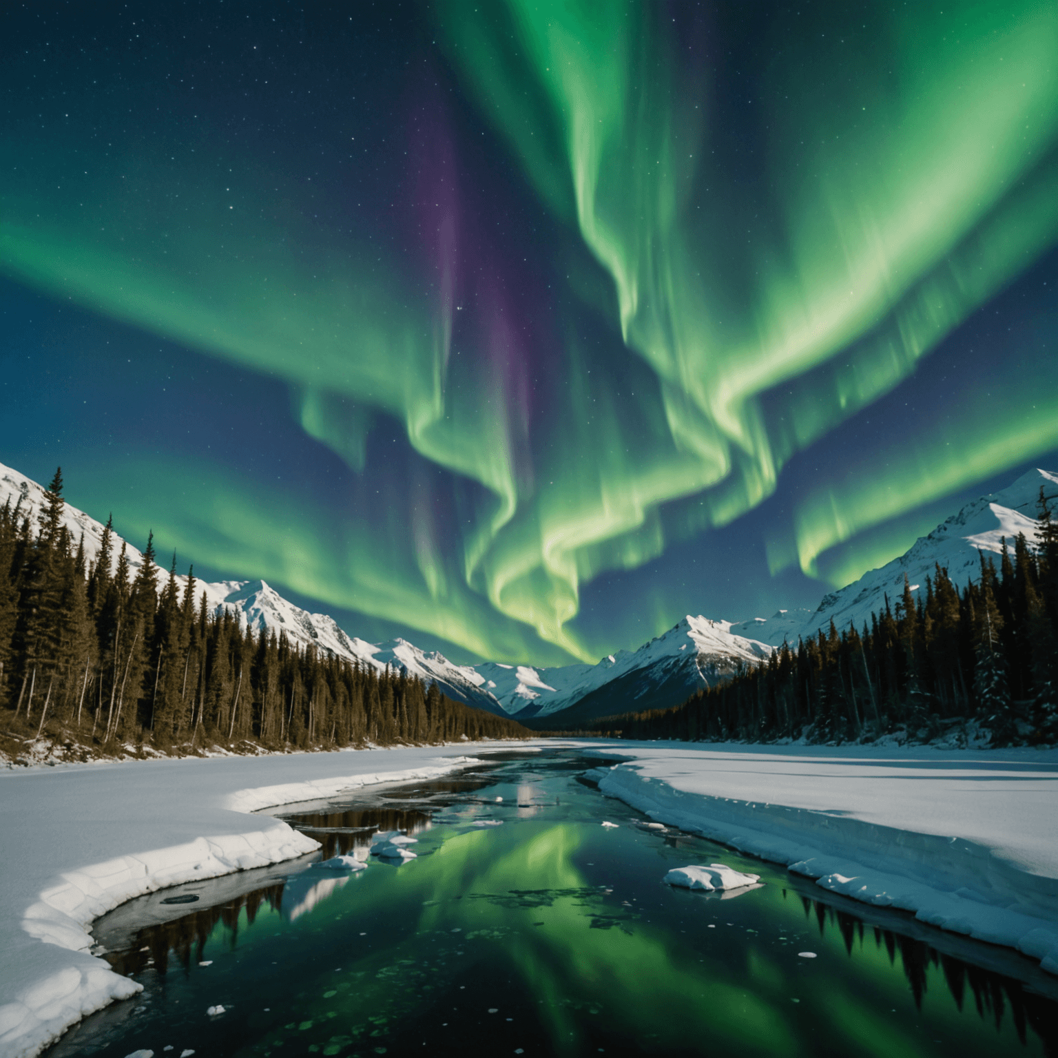 A scenic view of Alaskan wilderness with dog sledding teams under the Northern Lights.
