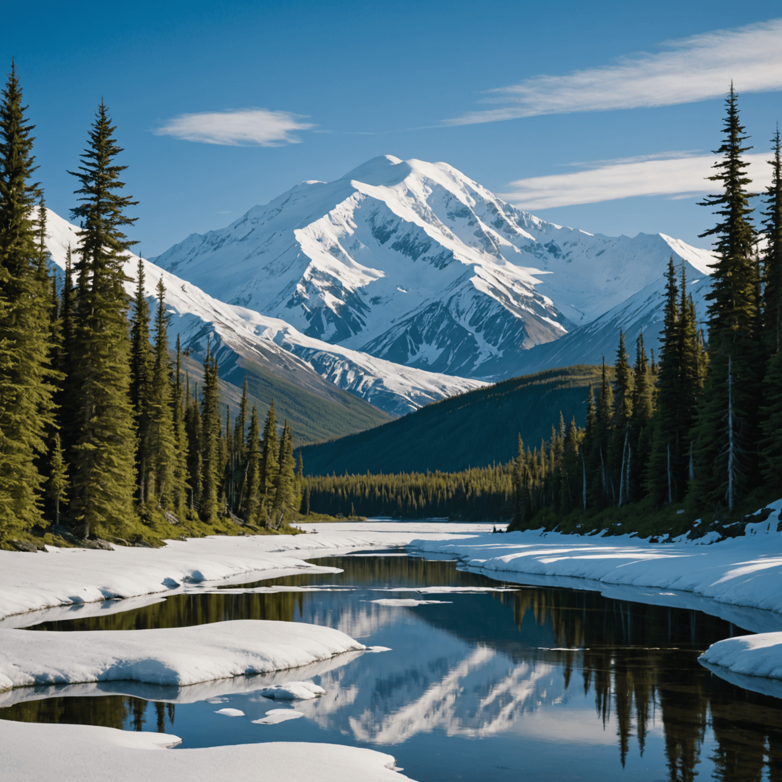 Majestic view of Denali peak with wildlife in the foreground