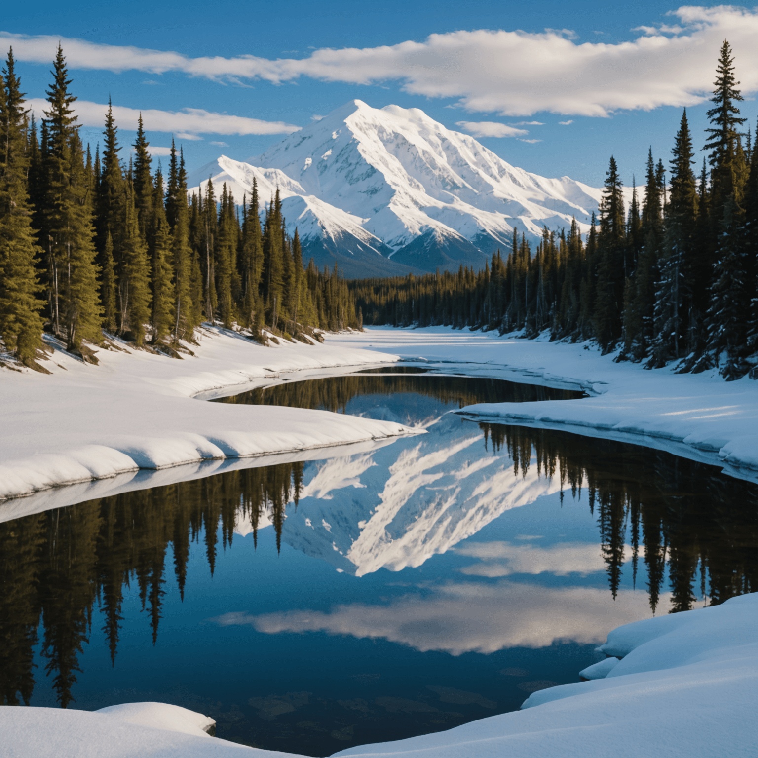 A breathtaking view of Denali National Park with the majestic Denali peak in the background, complemented by a foreground teeming with diverse wildlife.