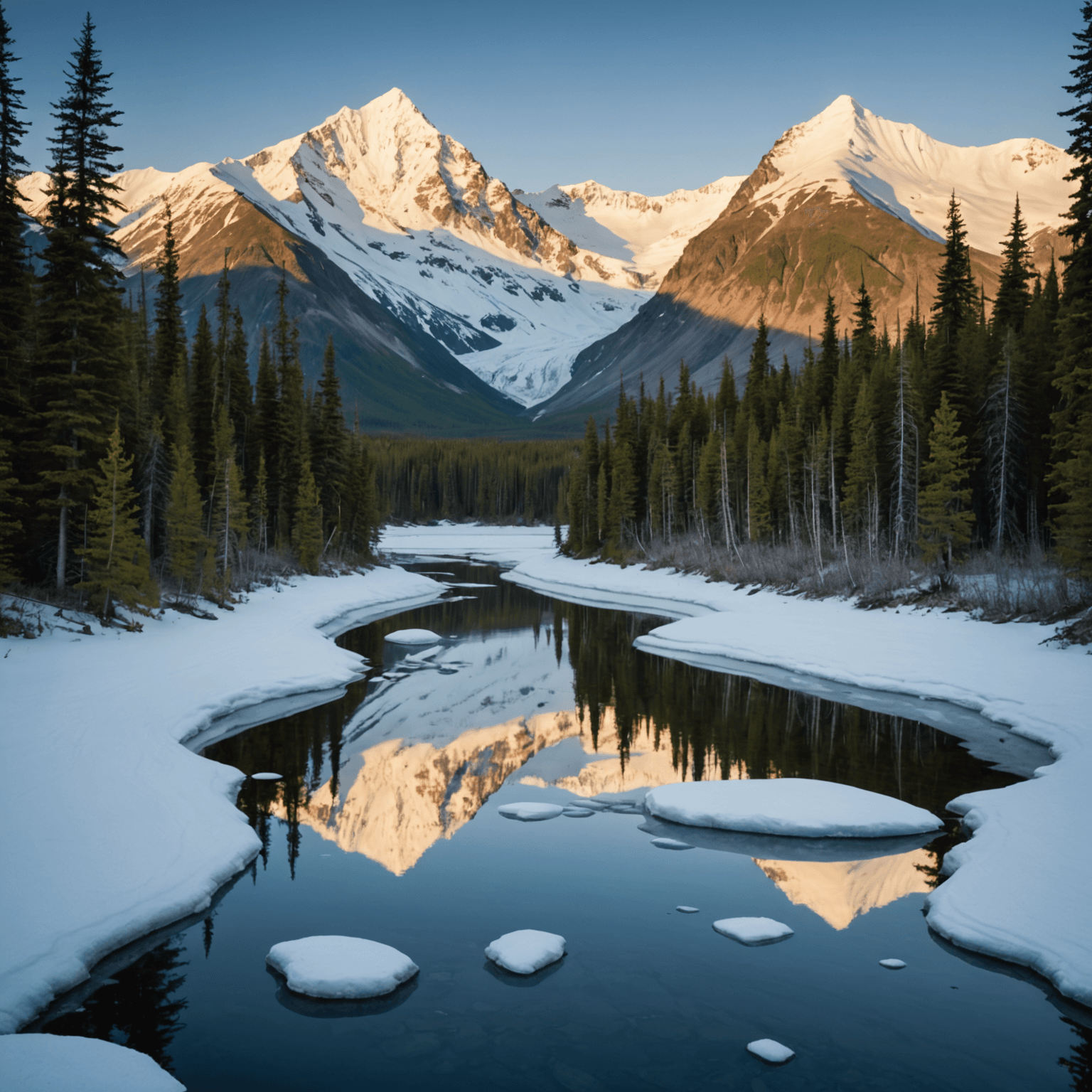 A scenic view of Wrangell-St. Elias National Park, showcasing its vast landscapes and towering mountains under a clear blue sky.
