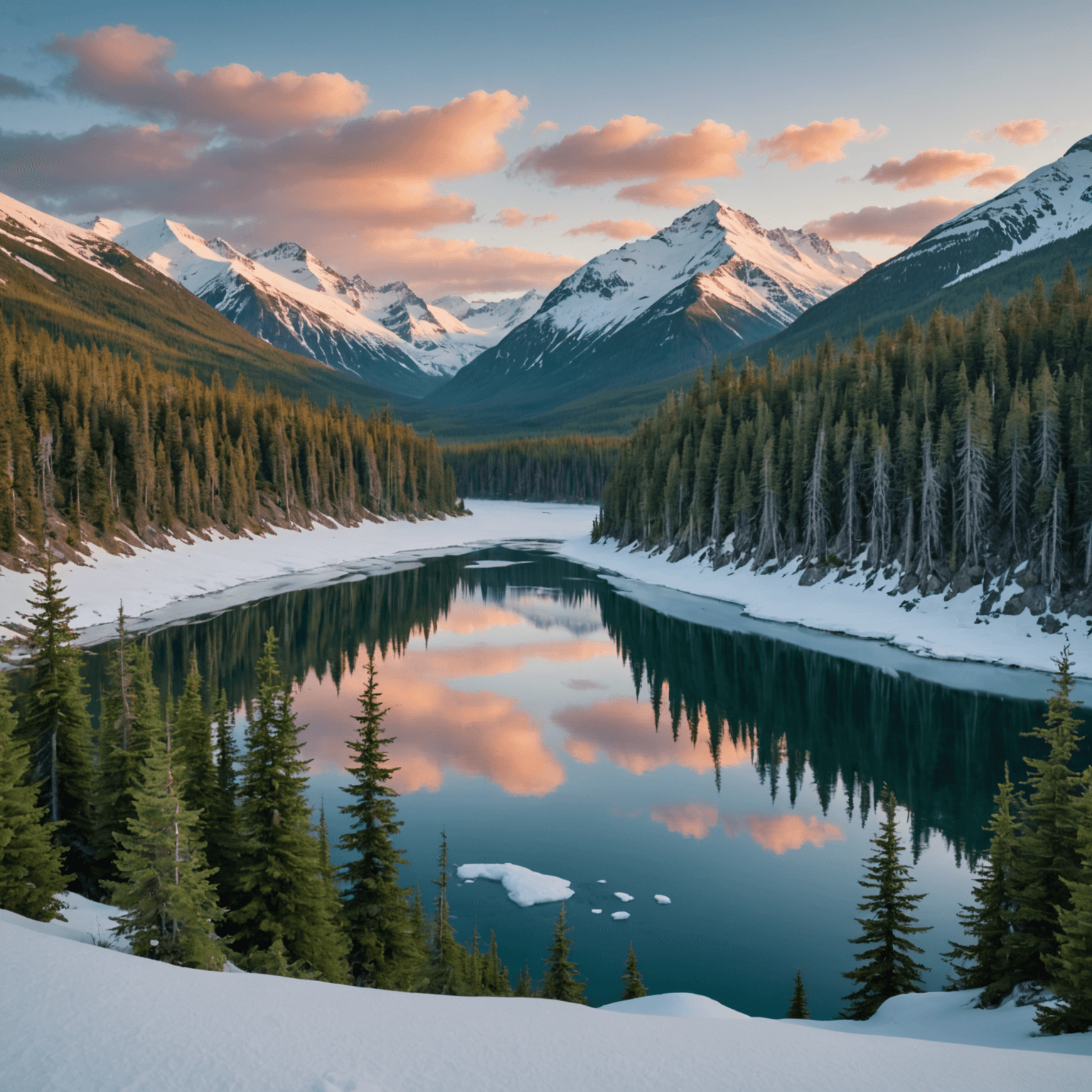Snowmobiles racing through a snowy Alaskan landscape