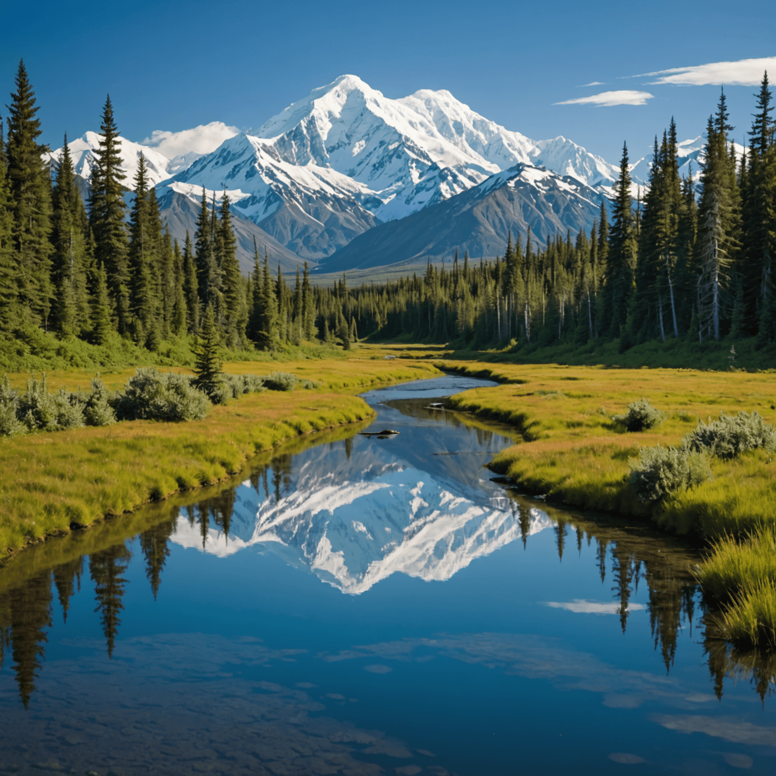 A breathtaking view of Denali, the tallest peak in North America, under a clear summer sky.
