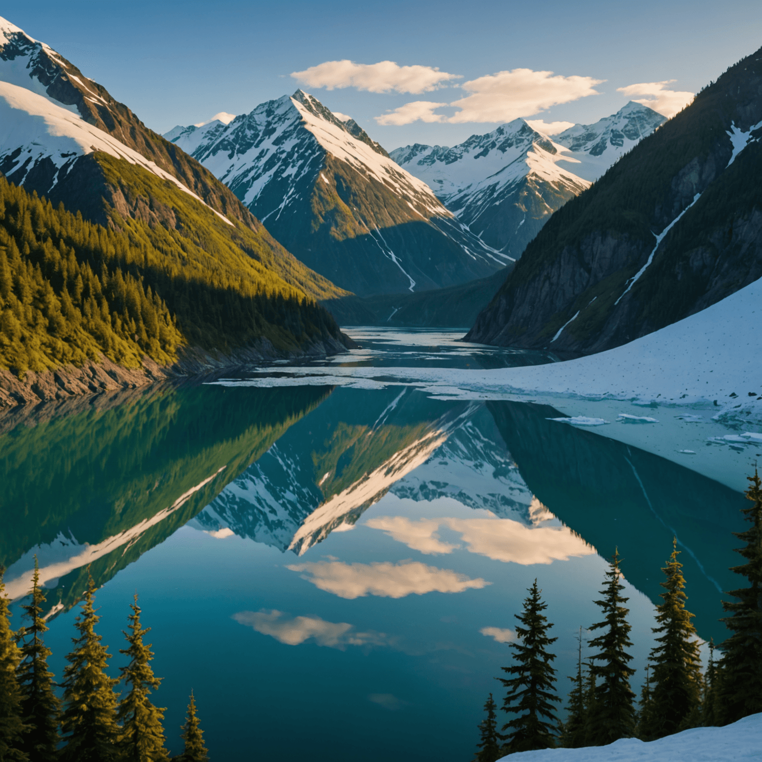 A breathtaking view of Kenai Fjords National Park with whales breaching in the distance.