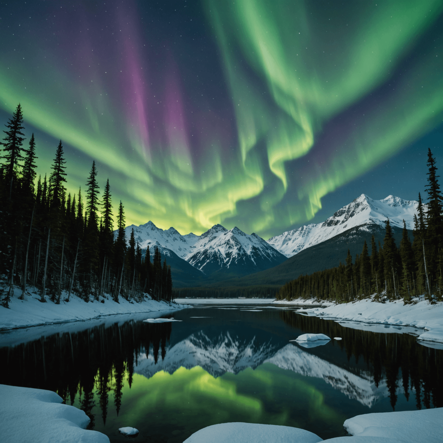 A serene evening scene featuring the northern lights over Snowhook Lodge's hot tub, with snow-covered cabins in the background.