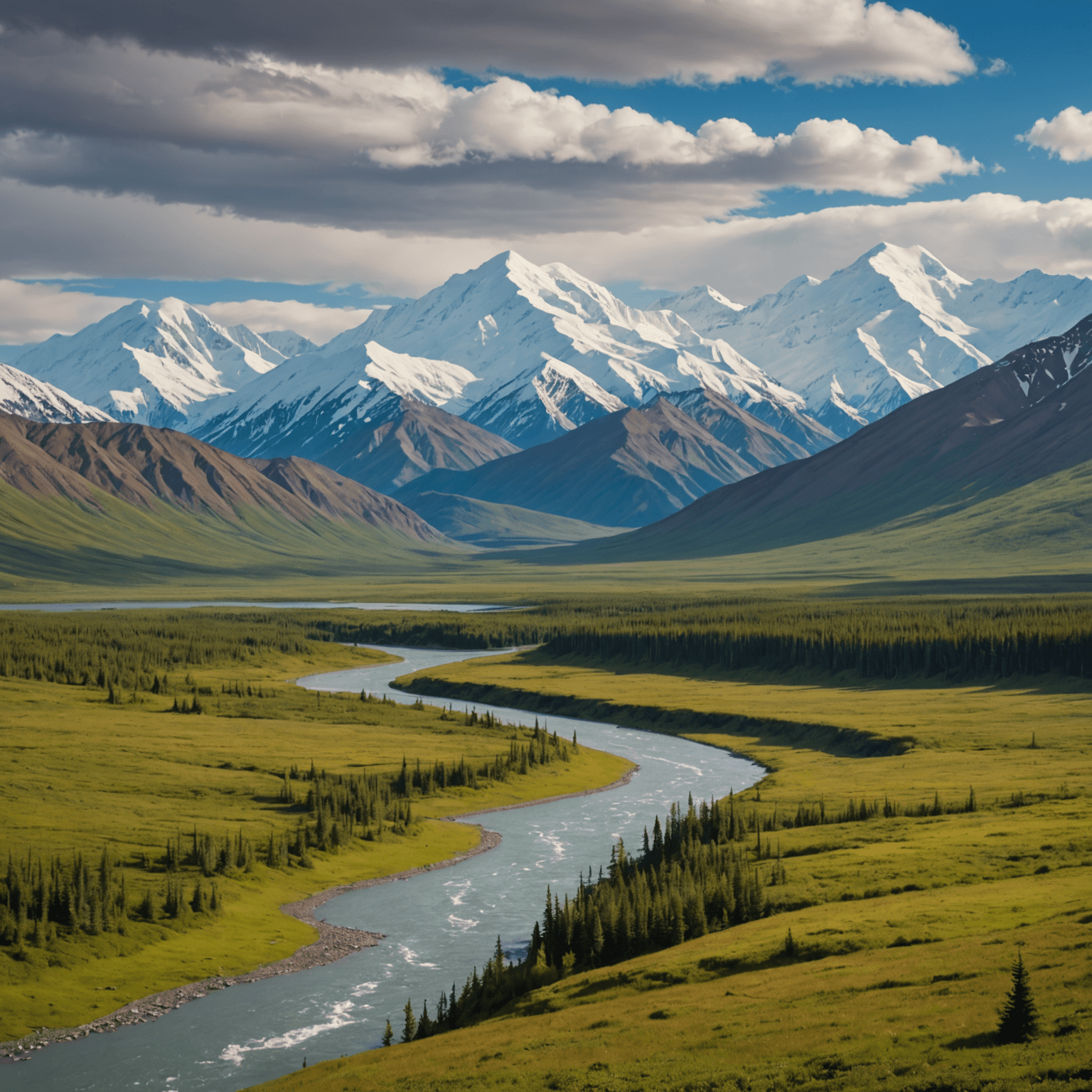 An aerial view of Denali National Park with its vast mountain ranges and lush green valleys.