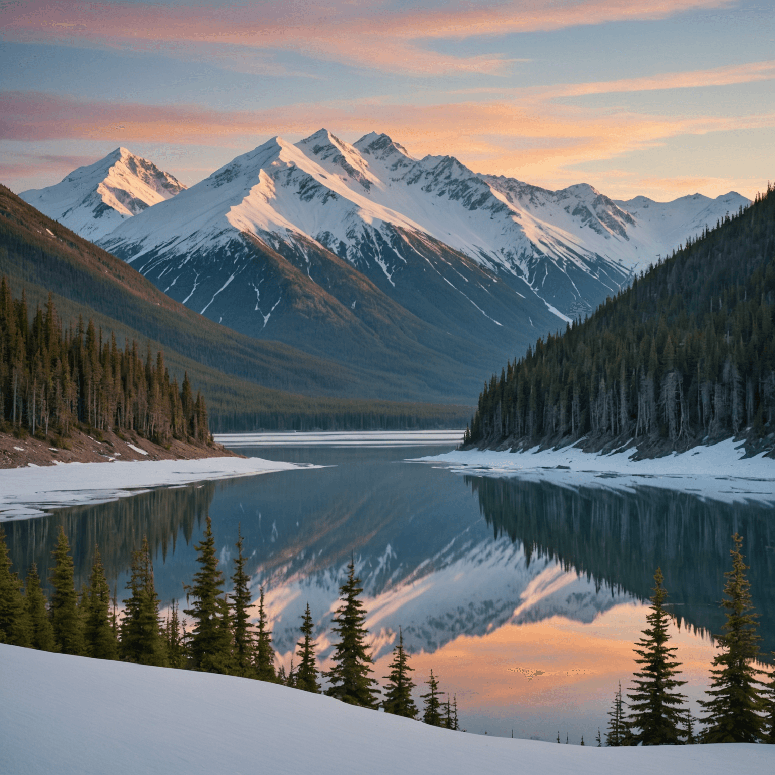 A scenic view of a dog sled team in action through a snowy landscape