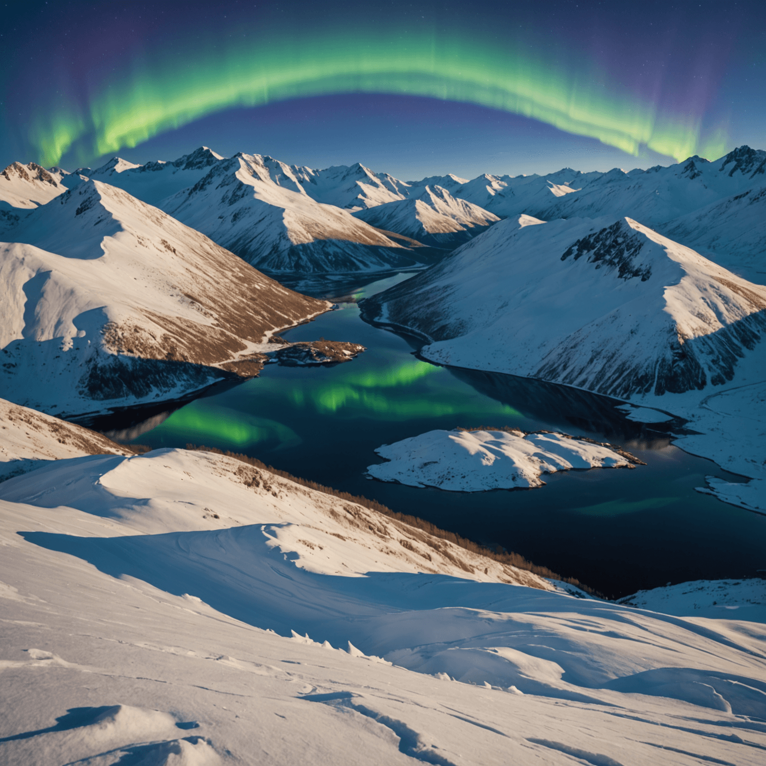 A breathtaking view of the aurora borealis over Hatcher Pass with snow-covered mountains in the background.