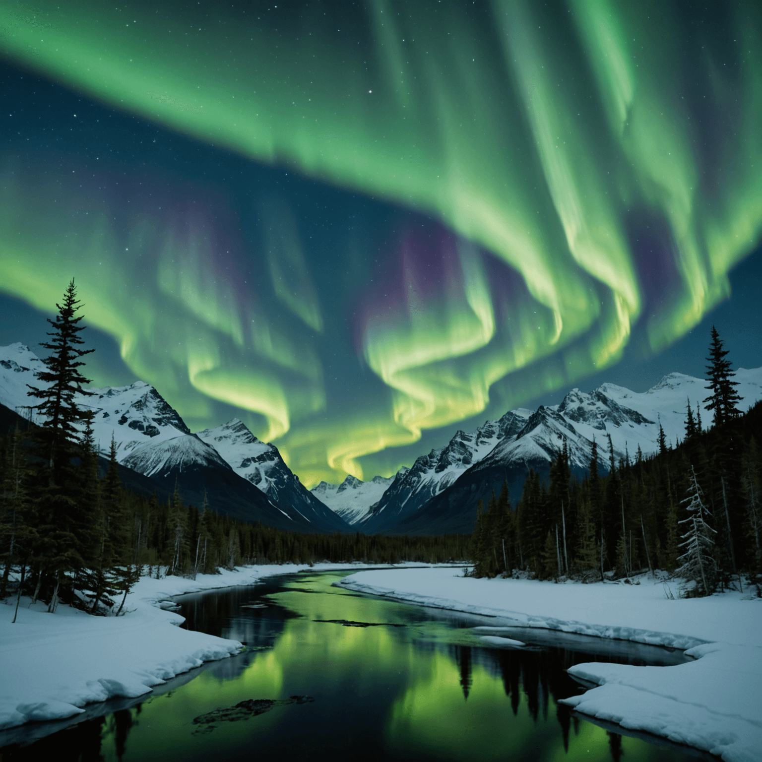 A panoramic view of the Northern Lights over the Alaska Range, with a cozy lodge in the foreground.