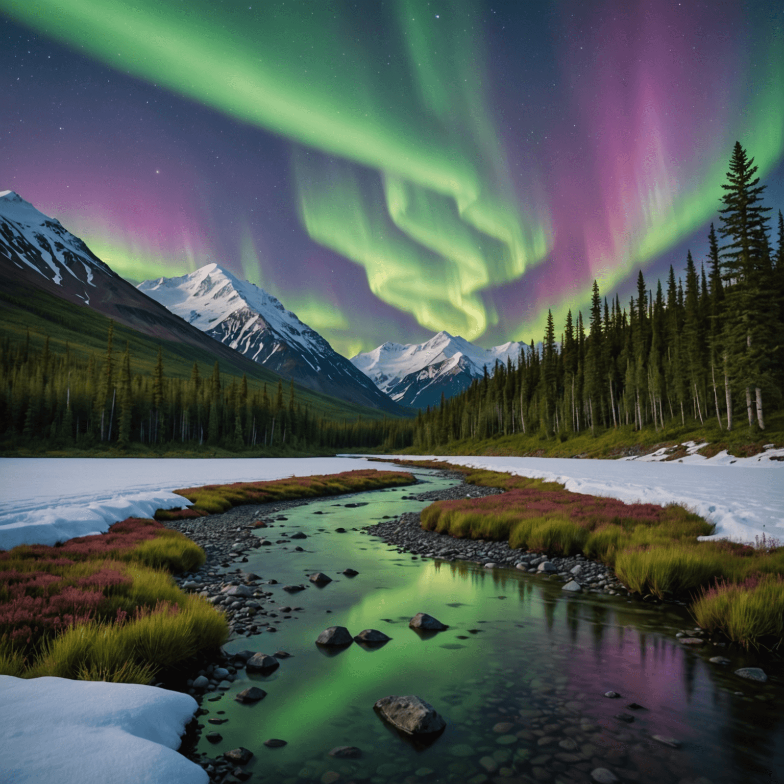 A stunning view of the Northern Lights over Denali National Park with snow-covered mountains in the background.