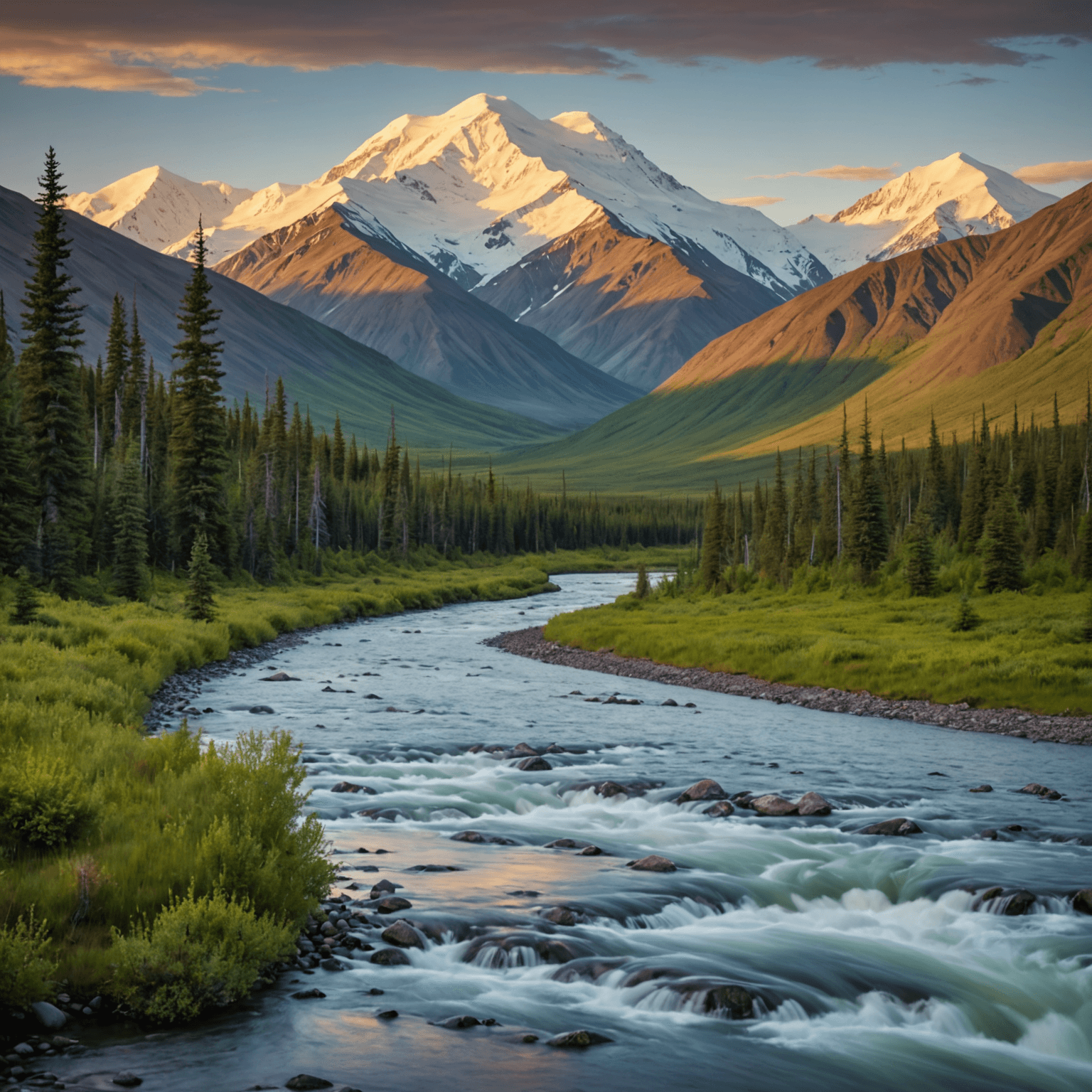 A panoramic view of Denali National Park with Denali mountain in the background