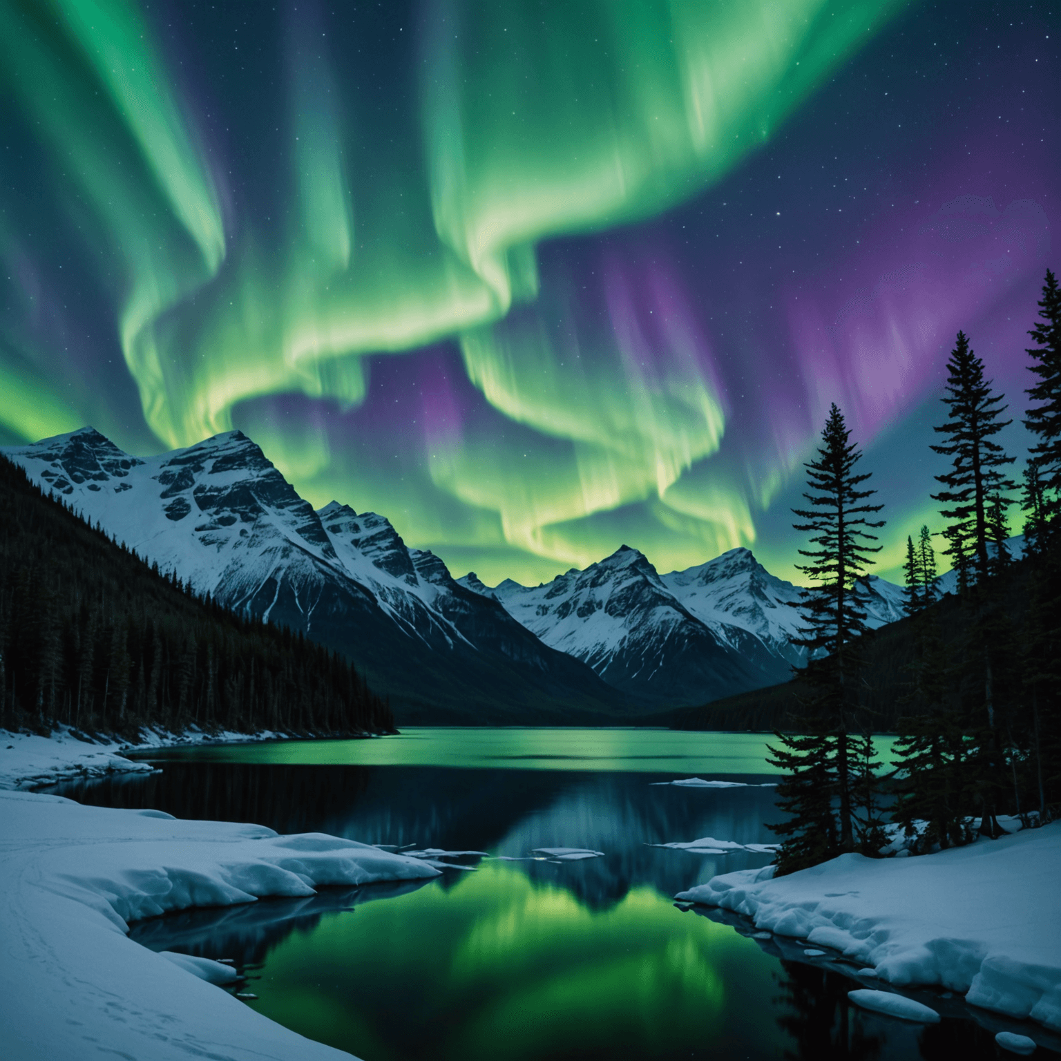 A breathtaking view of the Northern Lights over a frozen Alaskan lake.