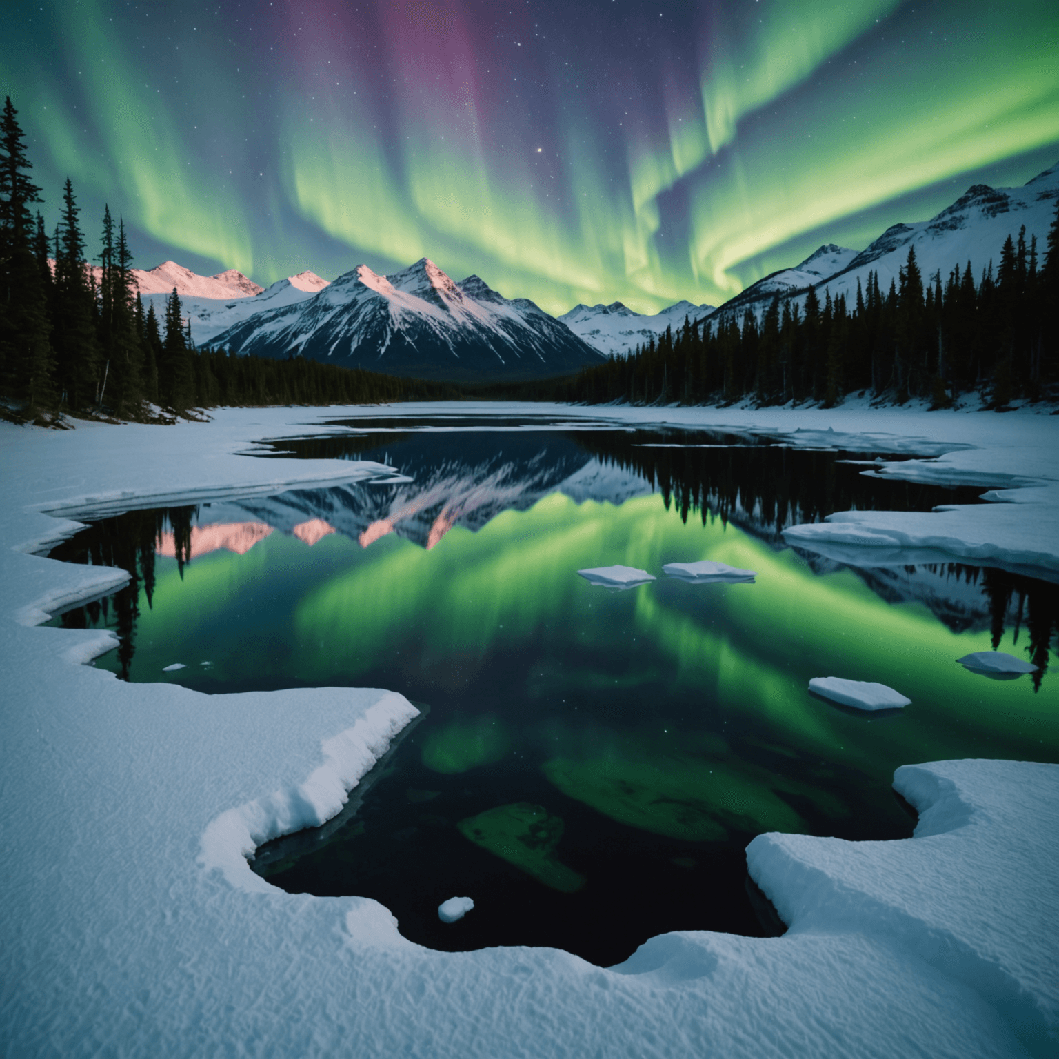 Aurora borealis lighting up the night sky over a team of sled dogs resting in the Arctic wilderness.