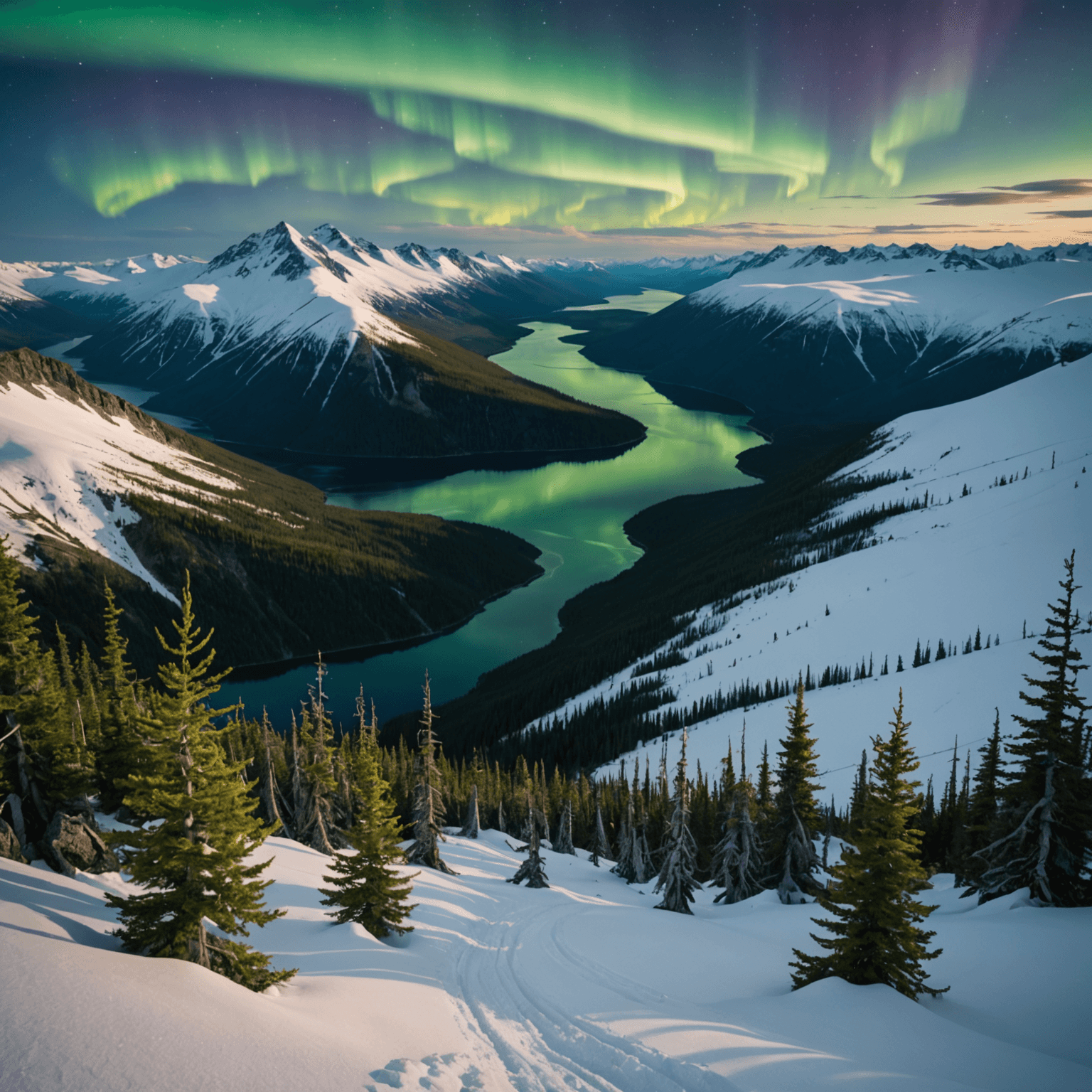A scenic view from Flattop Mountain with the Northern Lights in the sky.