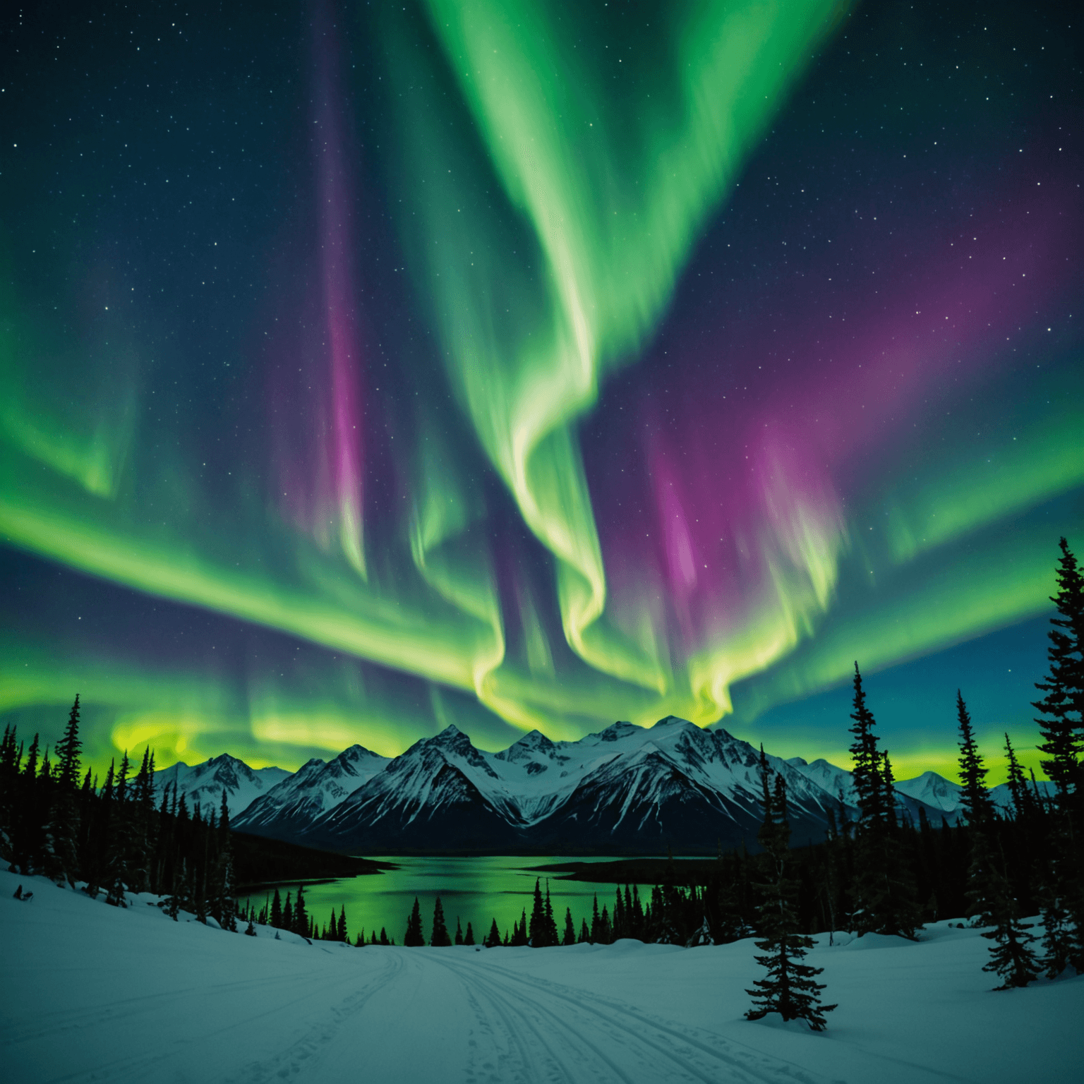 A stunning display of Northern Lights over Flattop Mountain, with the city of Anchorage illuminated below.