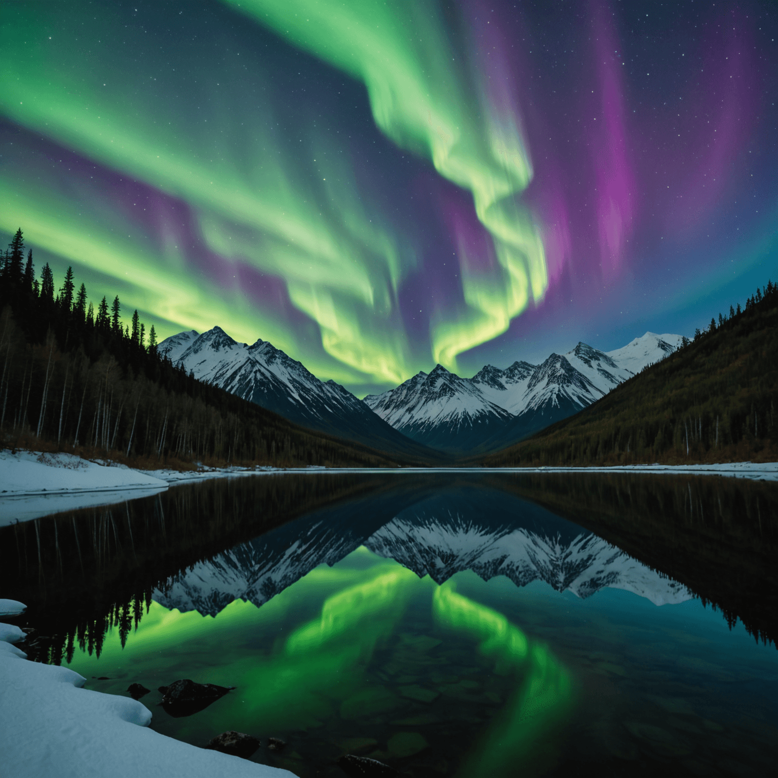 A vibrant aurora illuminating the night sky above Eklutna Lake, with reflections shimmering on the water.