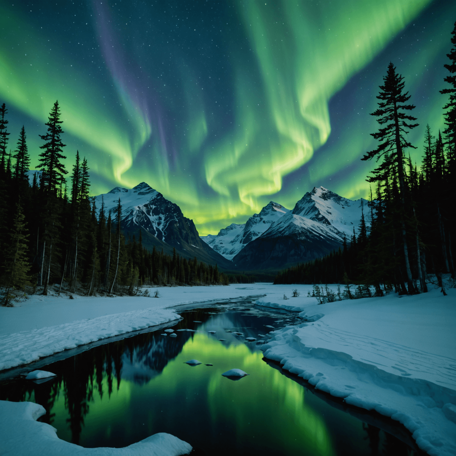The Northern Lights illuminating the night sky over a snowy Alaskan landscape.