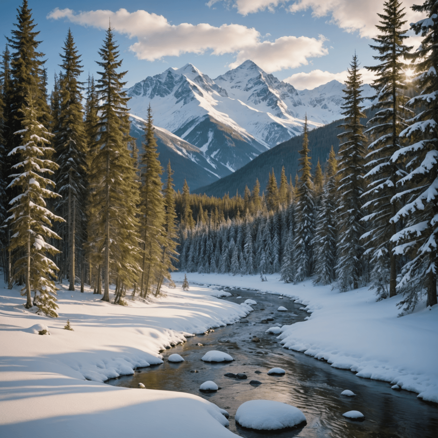 close-up Alaskan forest with snow and river
