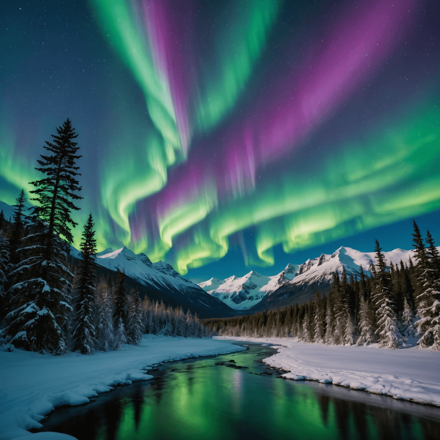 An illustration of the Northern Lights over a Talkeetna cabin with the Alaska Range in the background.