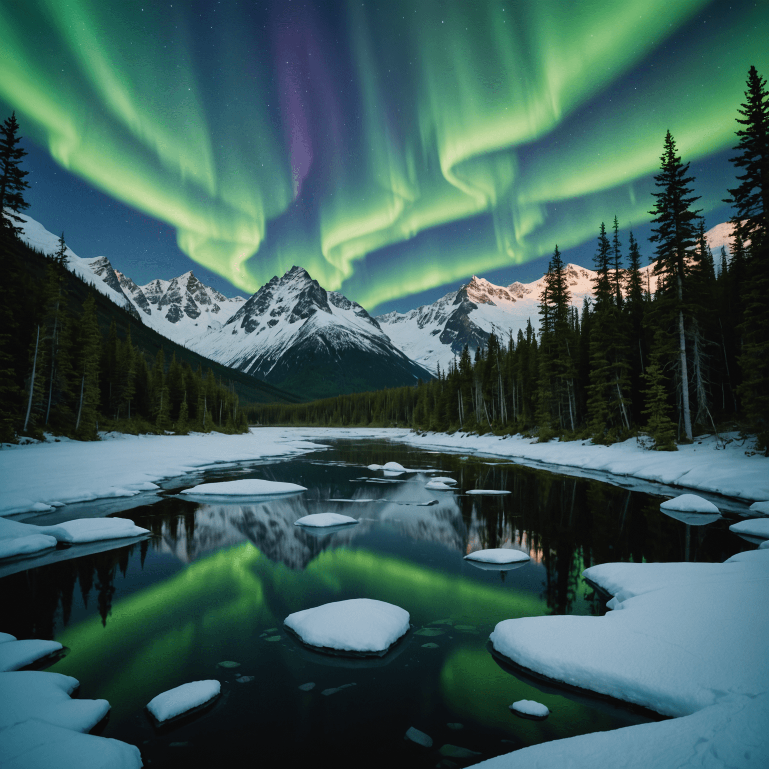 Scenic view of the aurora borealis over a summer landscape with twilight skies