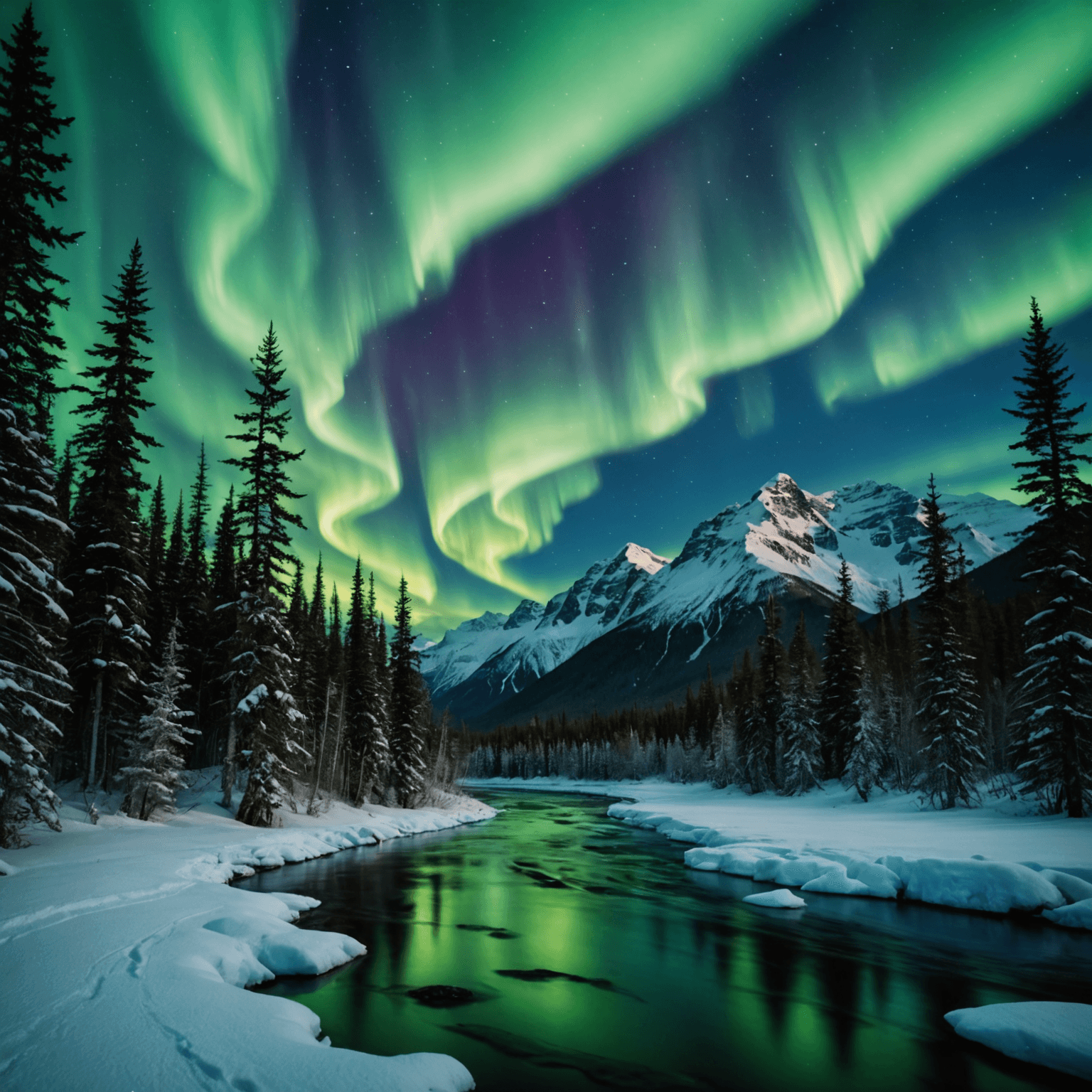 Aurora borealis over a cabin surrounded by snow