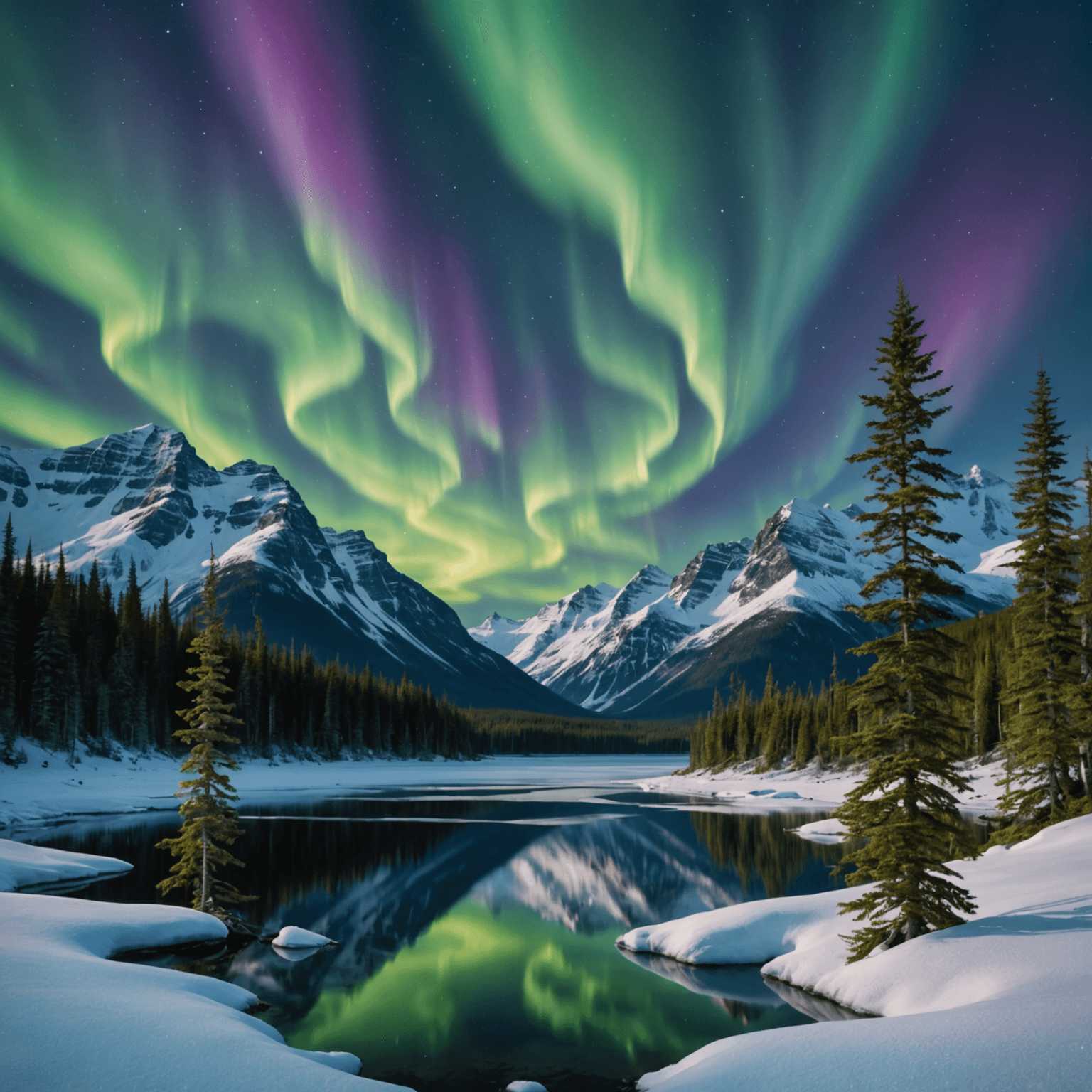 A panoramic view of the northern lights over a snowy Alaskan landscape, with mountains in the background.