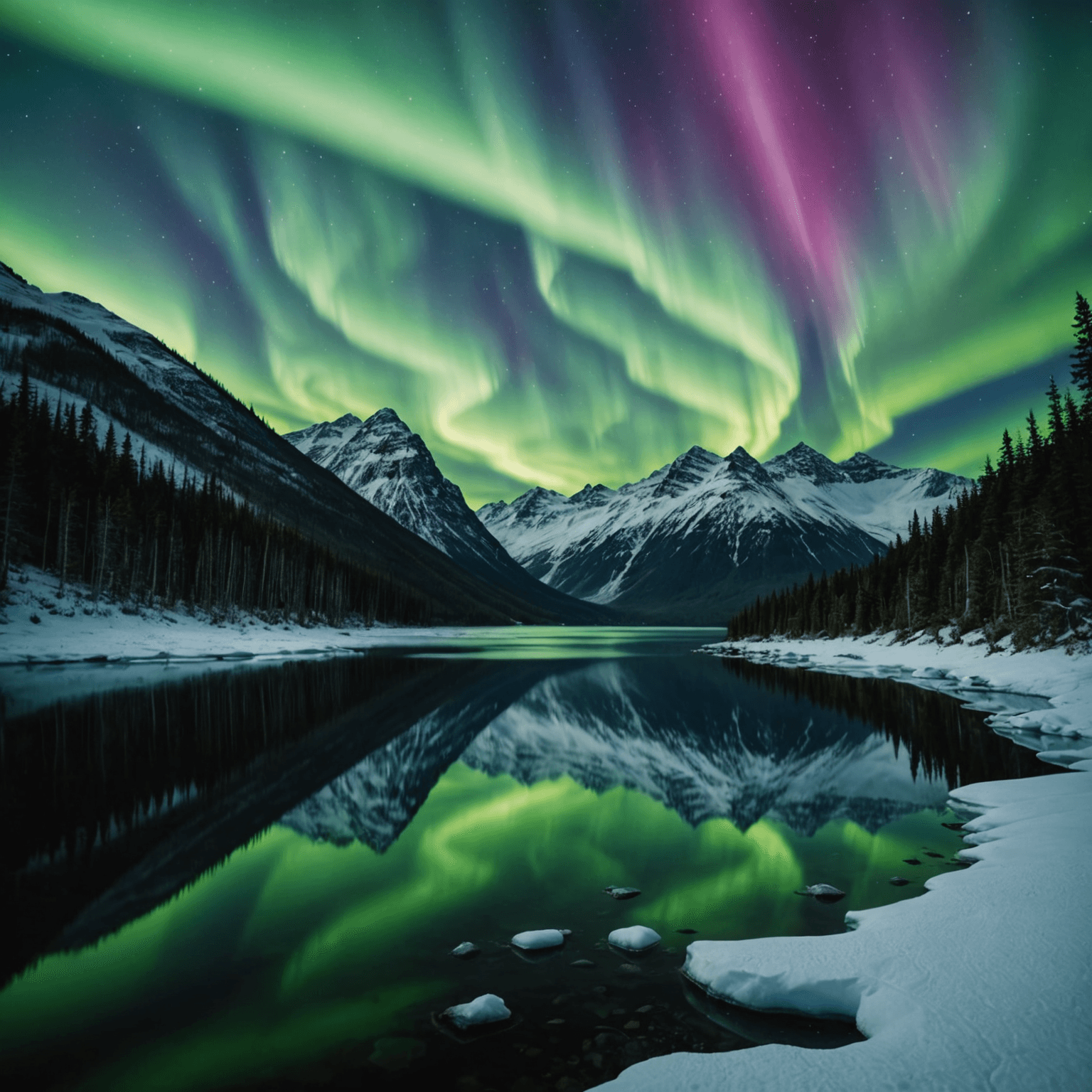 A breathtaking view of the Northern Lights over a snowy Alaskan landscape.