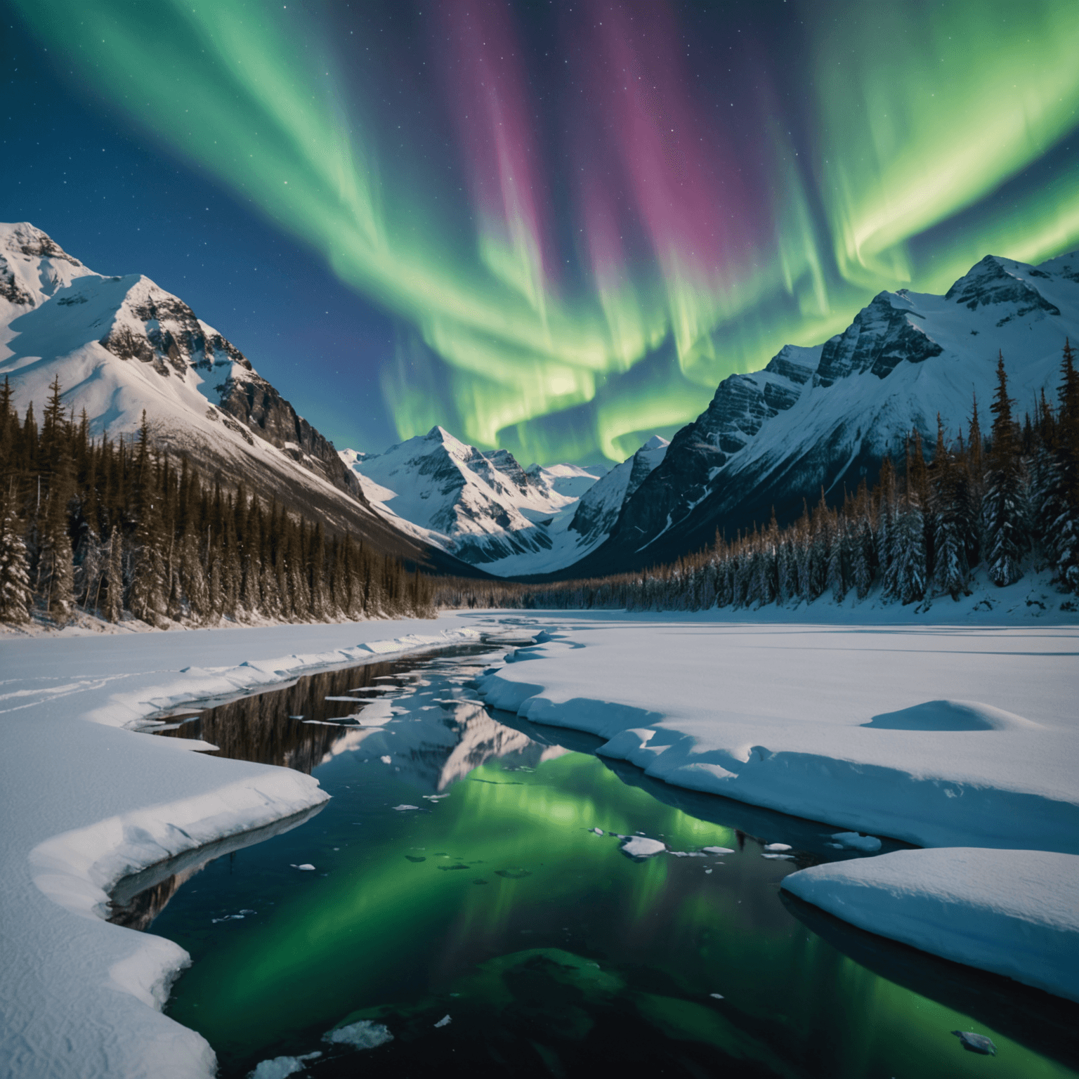 The Northern Lights illuminating the Alaskan sky over a snowy landscape