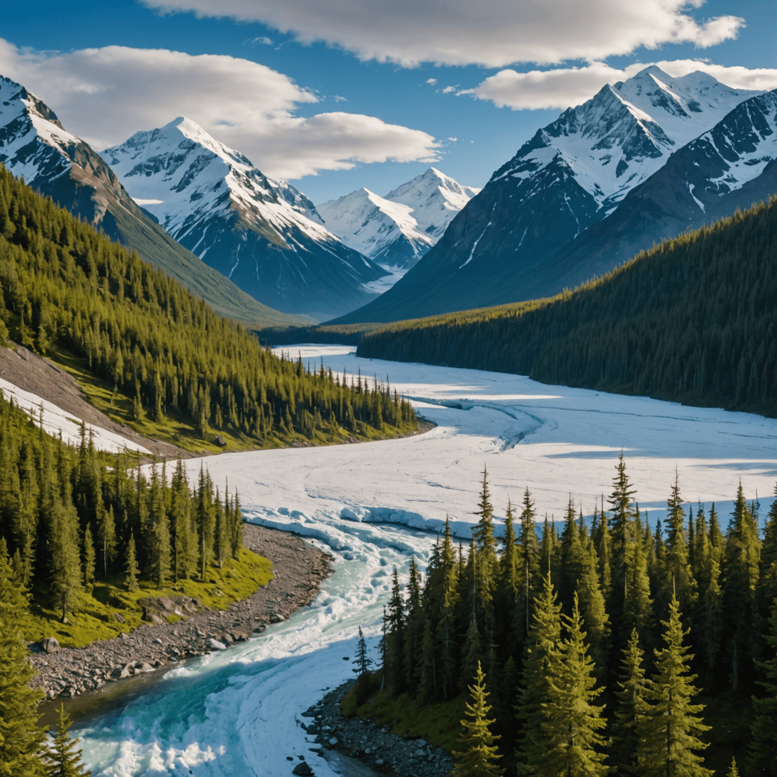A group of people dog sledding through a snowy Alaskan landscape