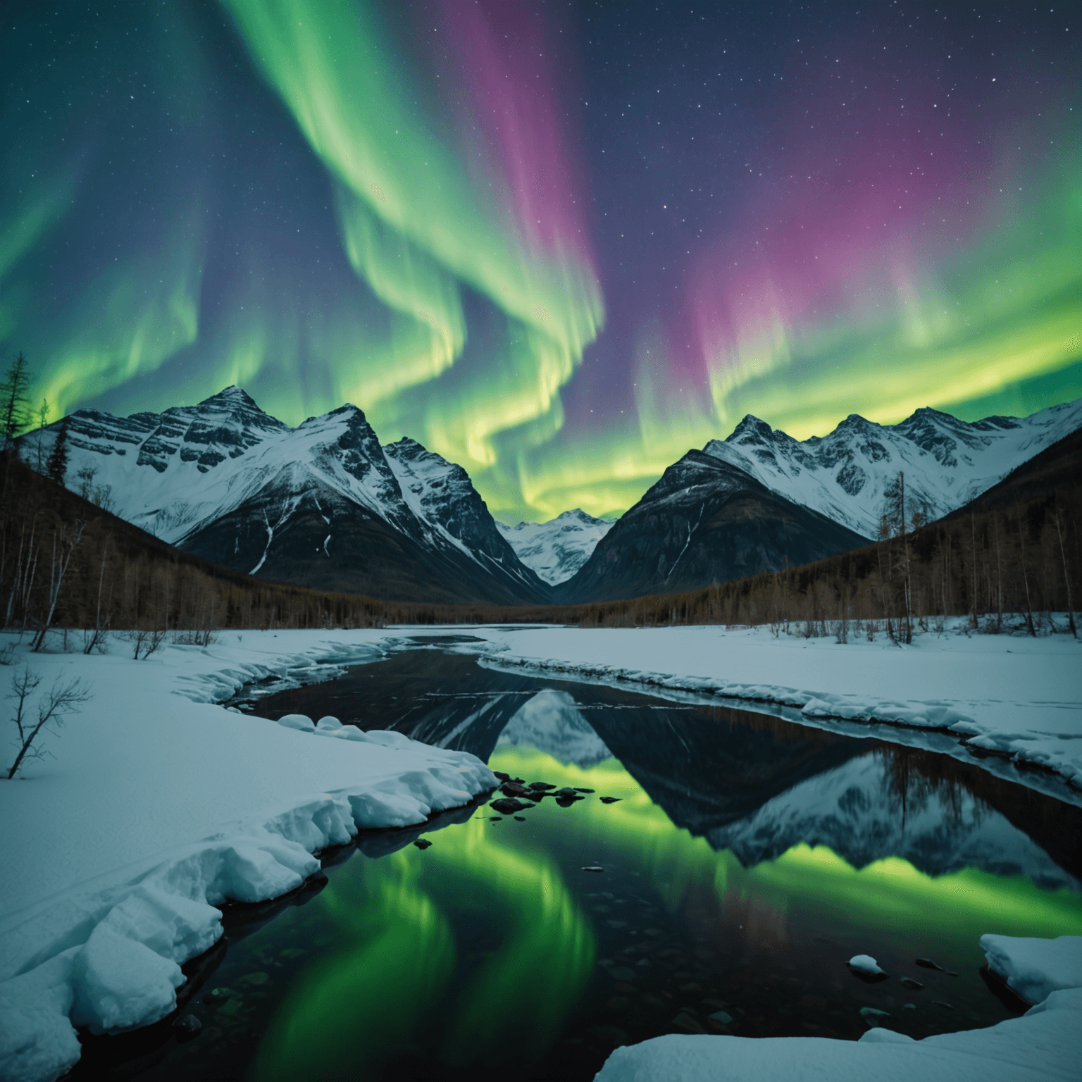 Stunning Northern Lights over a snowy Alaskan landscape