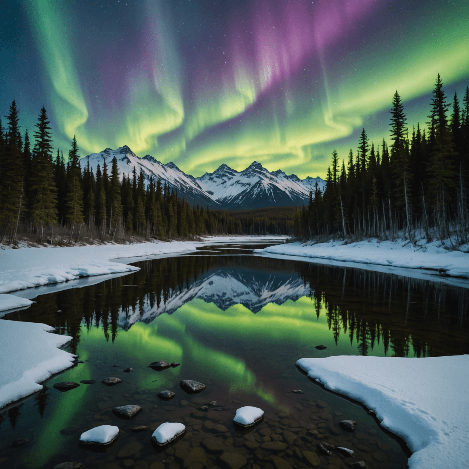 A stunning view of the Aurora Borealis over an Alaskan autumn landscape.
