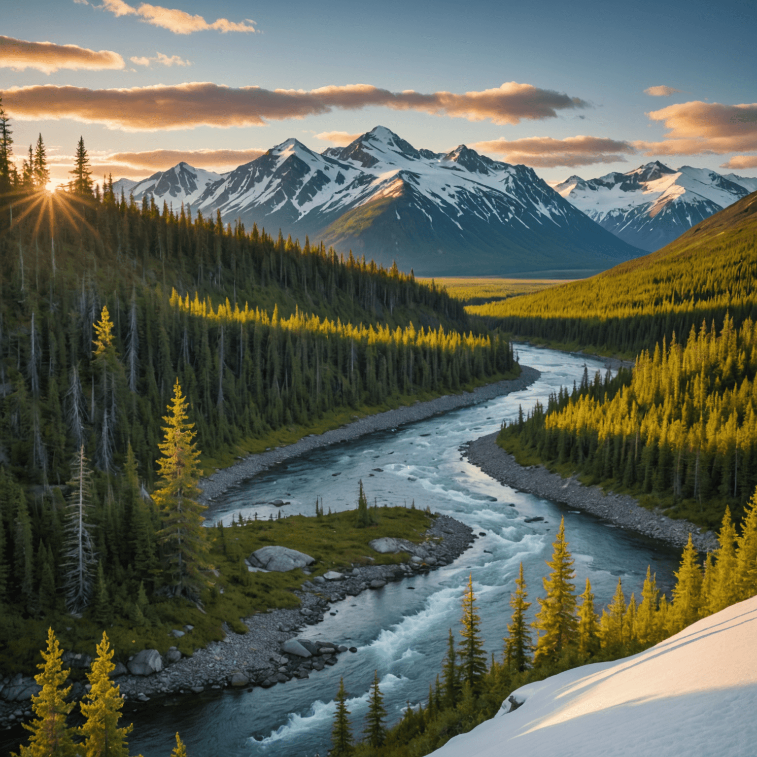 A scenic view of the Midnight Sun illuminating a vast Alaskan landscape