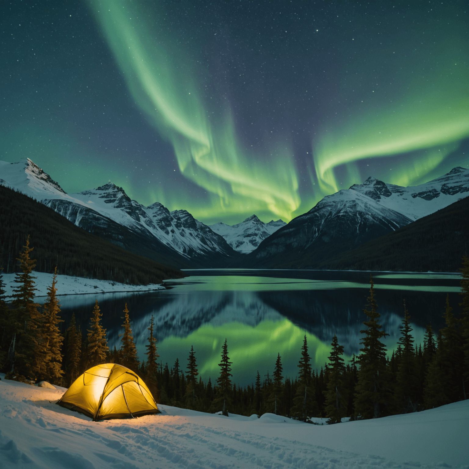 Northern lights dancing over a snowy Alaskan landscape