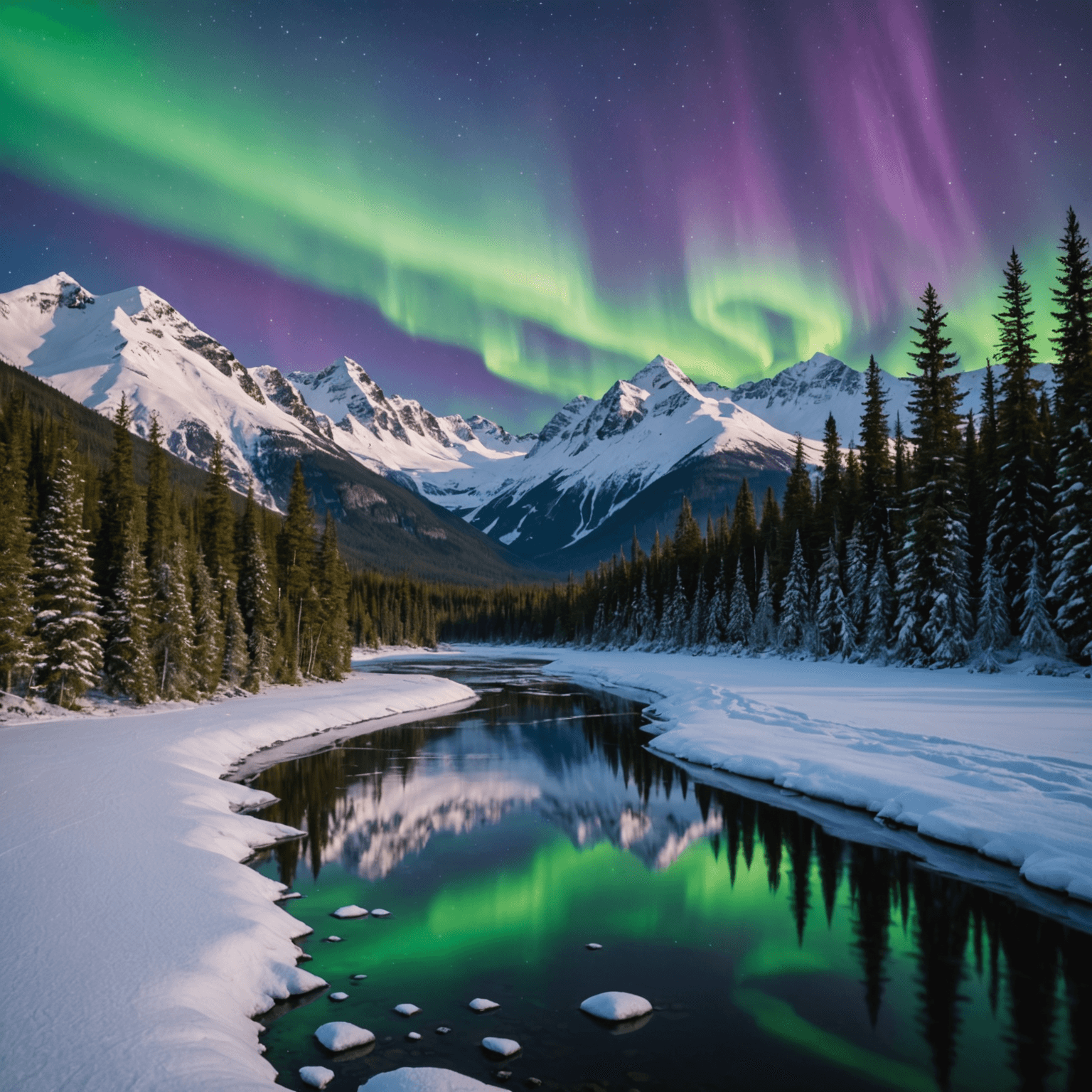A group of tourists watching the Northern Lights from a snowy landscape
