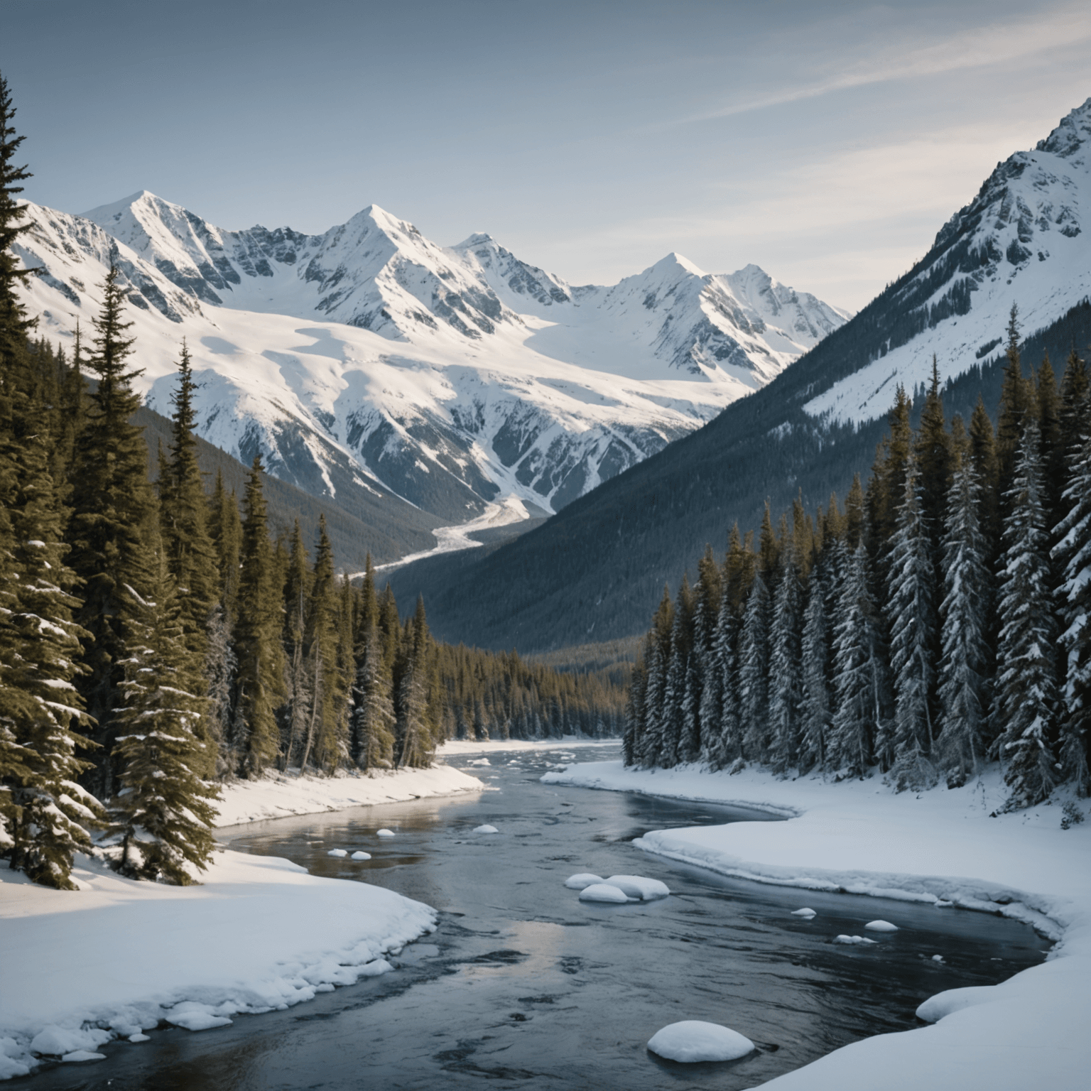 Snowmobiles traversing a snowy Alaskan landscape with mountains in the background.