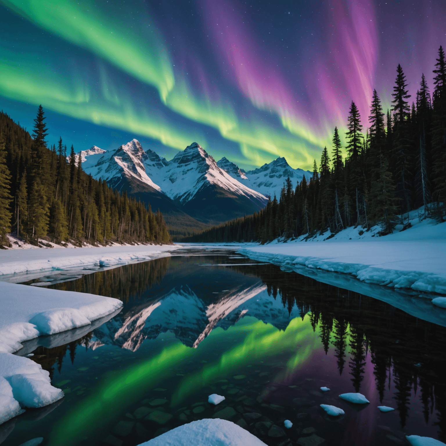 Snowmobile riders exploring the snowy Alaskan terrain under the Northern Lights.