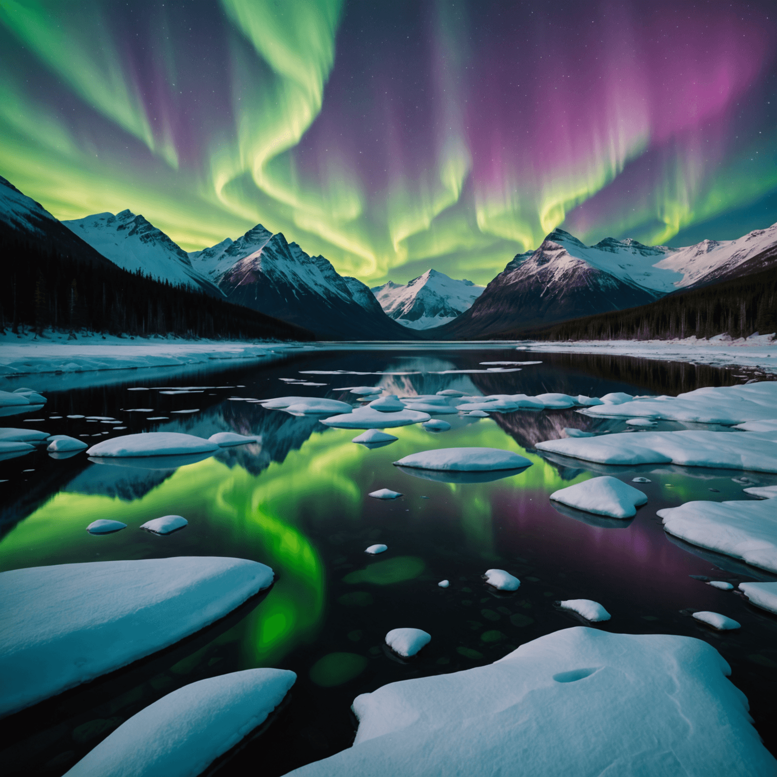 A vivid display of the Northern Lights over an Alaskan winter landscape